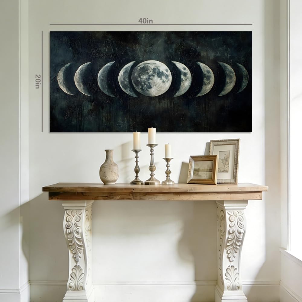 Moon Phase Canvas Wall Art Lunar Cycle Celestial Painting Flat Print Gallery Wrapped Dark Moody Artwork for Living Room Bedroom Bathroom Decor (Mysterious / Black Moon Phases 36 / 46"L x 23"W)