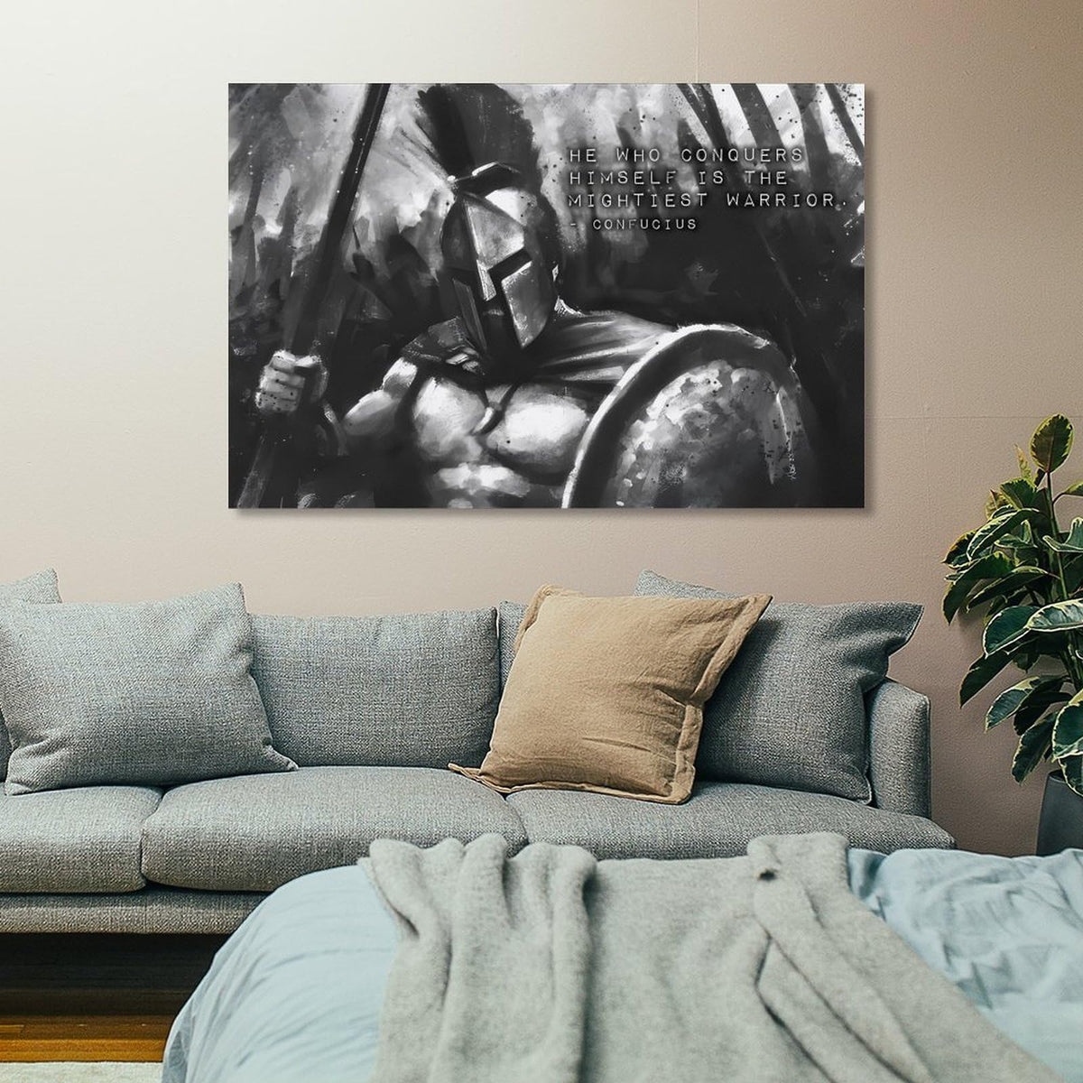 He Who Conquers Himself Confucius Quote Canvas Printing Wall Art Prints Wall Decor Posters Black White Spartan Warrior Motivational Decor for Living Room Bedroom Office Nordic 24x36inch (style / 24x36inch(60x90cm) Frame)
