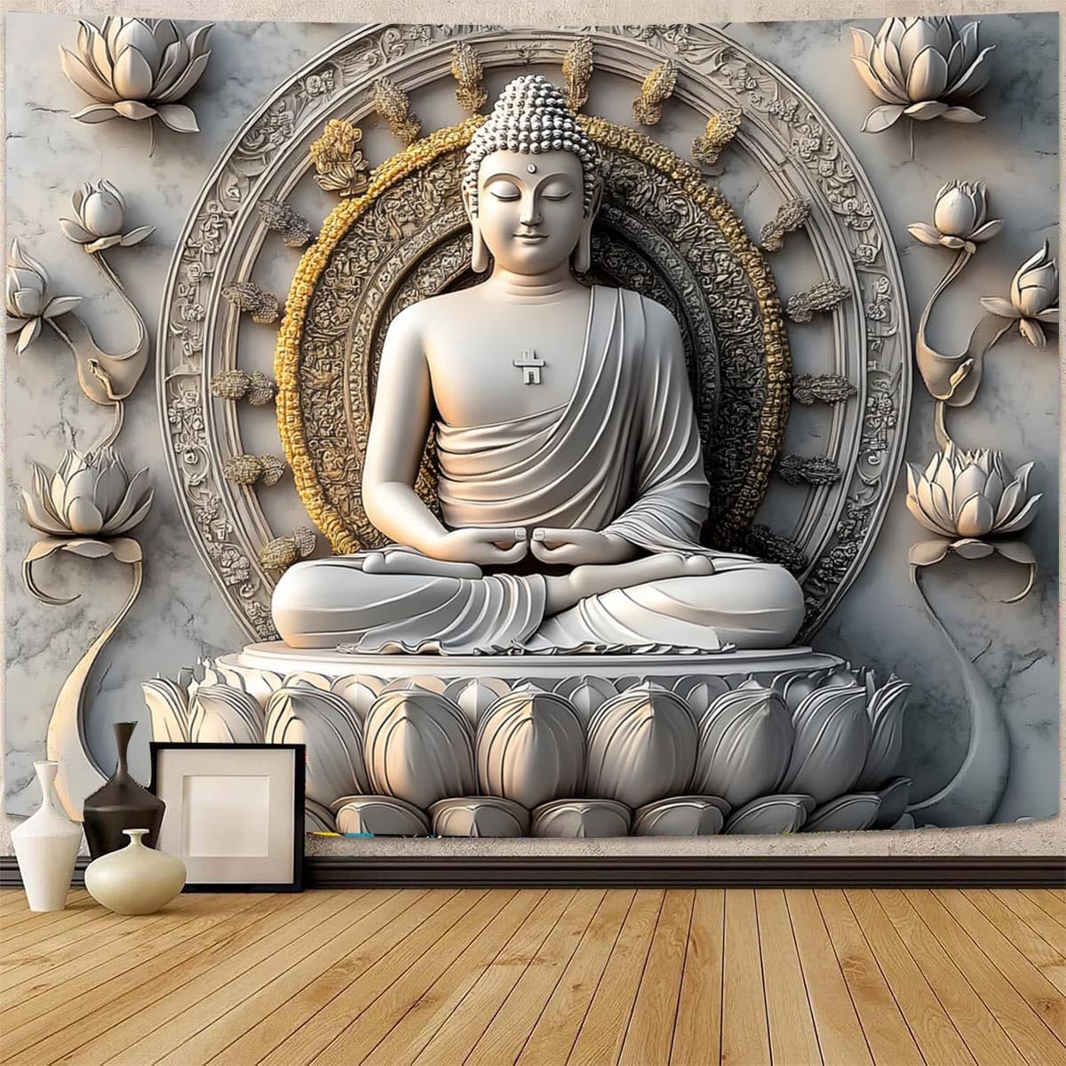 Vintage Sitting Buddha Tapestry Wall Hanging Buddhist Statue Tapestries Lotus Meditation Wall Decor Psychedelic Indian Zen Art for Bedroom Living Room Home Decor (Beige / 79"L x 59"W)