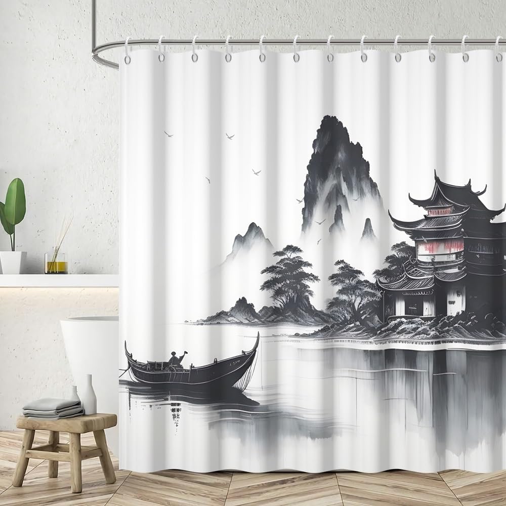 Traditional Japanese Painting Shower Curtain Ink Painting Asian Oriental Abstract Art Shower Curtain Foggy Mountain Boat Wild Goose Outdoor Natural Scenery Bathroom Curtains 54x72 Inch (54"W x 72"L (Pack of 1) / Black-71)