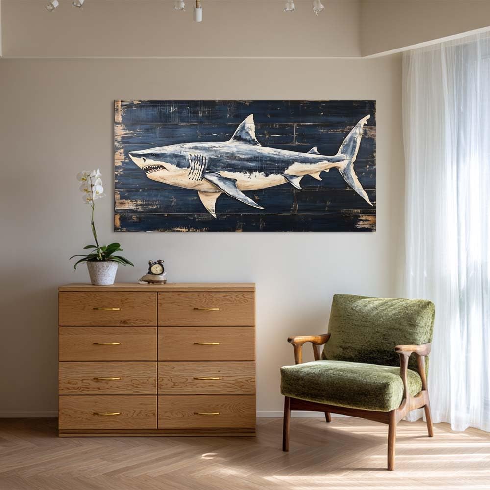 Rustic Great White Shark Canvas Wall Art Faux Wood Plank Painting Flat Print Gallery Wrapped Nautical Coastal Artwork for Living Room Bedroom Bathroom Decor (Retro / Great White Shark 12 / 46"L x 23"W)