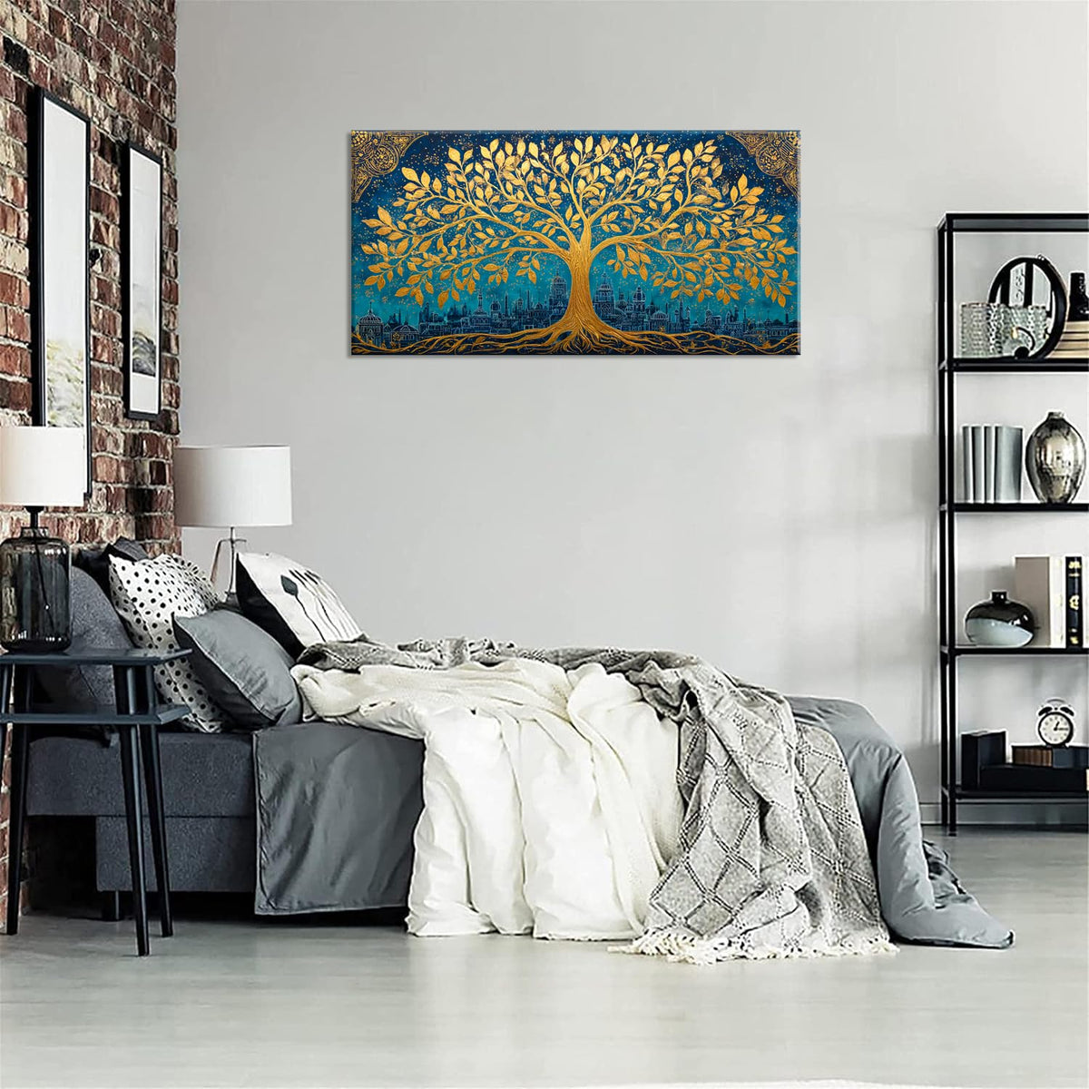 Gold Tree Wall Art for Living Room Office Ethereal Art Ancient City Mystical Landscape Tree of Life Painting Prints Magical Canvas Artwork Dining Bedroom Decor (Abstract / Gold Ethereal Tree of Life Wall Art / 40"L x 20"W)