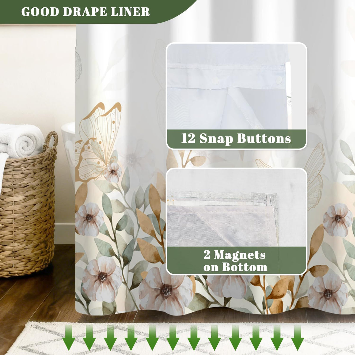 No Hook Shower Curtain and Liner Set (Botanical-5)