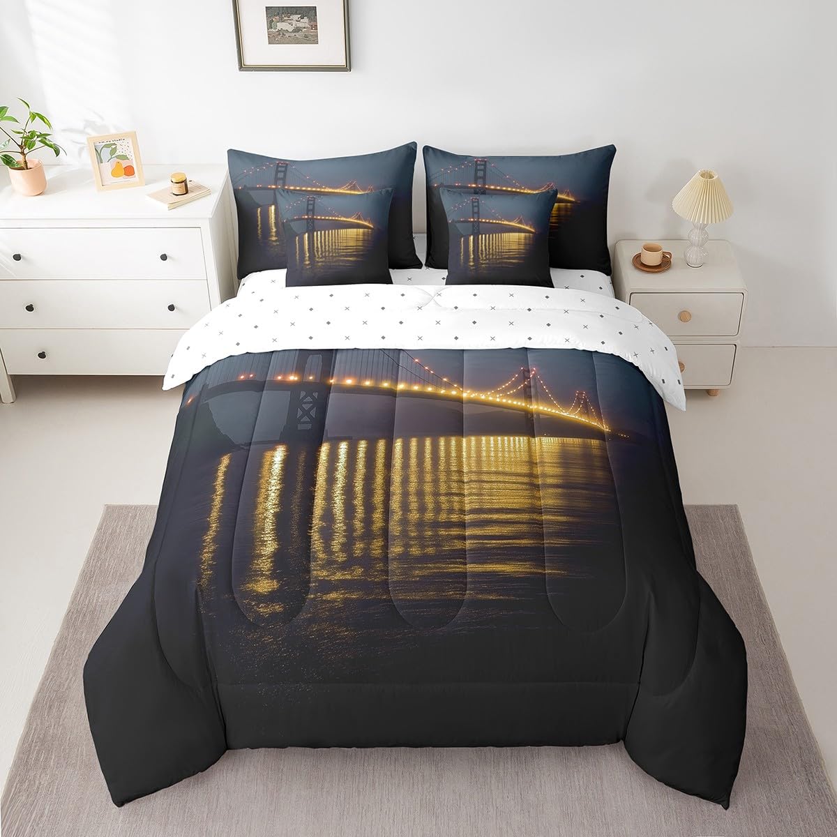 Golden Gate Bridge Comforter Set with Sheets Twin Size Kids Nightscape 7 Piece Bedding Set All Season Teens City Scenery Bed in A Bag Breathable Soft Black and Yellow Room Decor (Dull Black and Yellow / Twin)