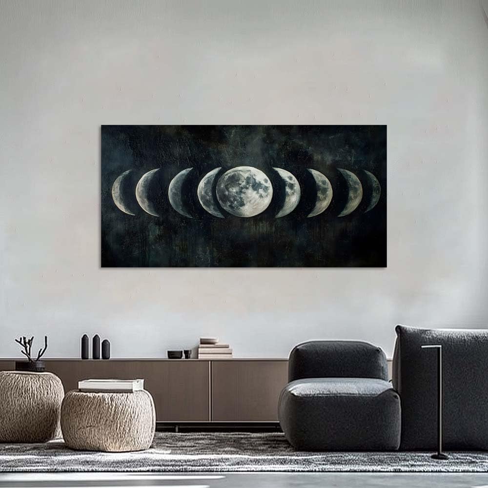 Moon Phase Canvas Wall Art Lunar Cycle Celestial Painting Flat Print Gallery Wrapped Dark Moody Artwork for Living Room Bedroom Bathroom Decor (Mysterious / Black Moon Phases 36 / 46"L x 23"W)