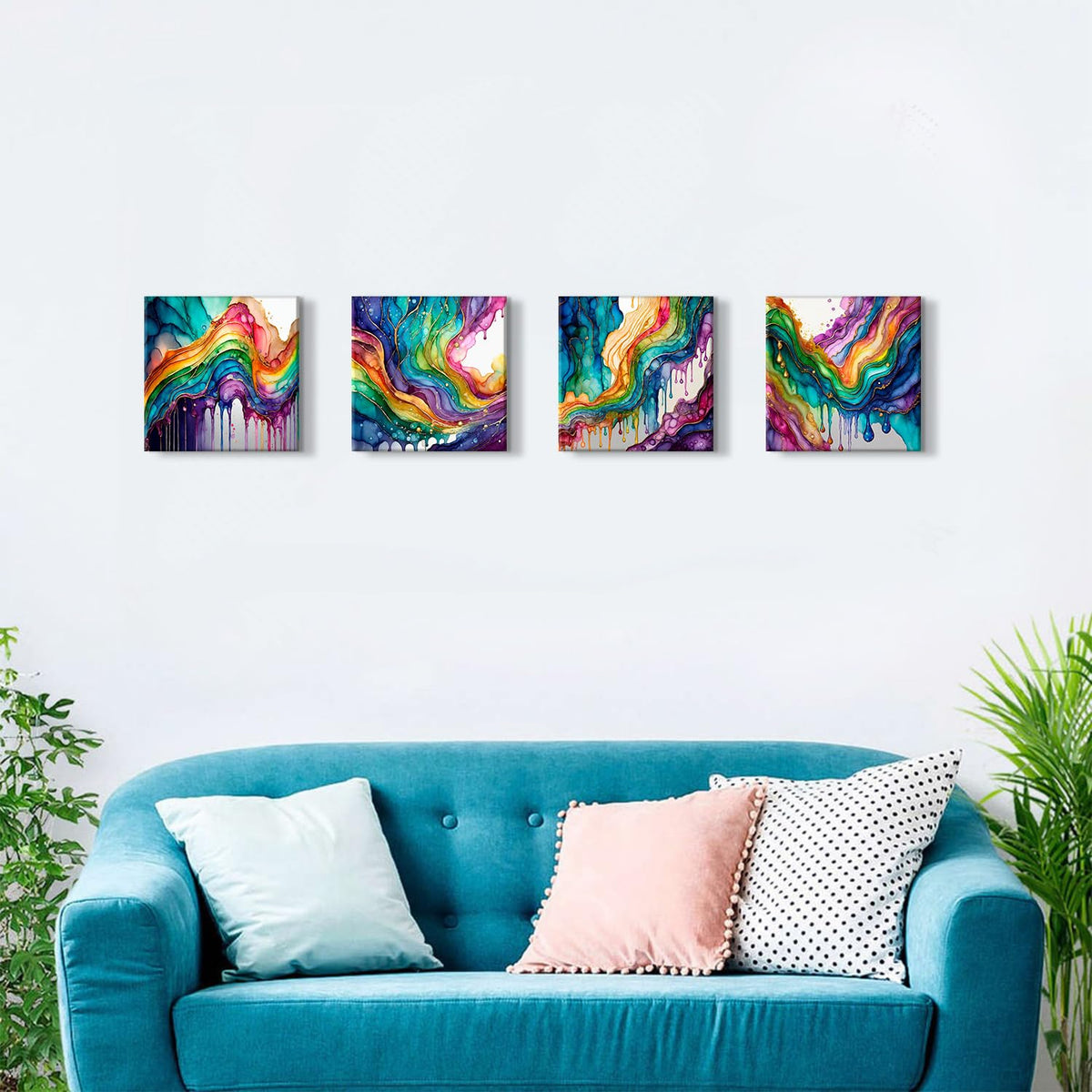 Colorful Wall Art Graffiti Rainbow Wall Decor for Living Room Abstract Fluid Lines Pictures Fantasy Watercolor Red Green Blue Liquid Canvas Prints Painting Modern Bedroom Home Decorations 12x12” 4Pcs (12"L x 12"W / Abstract Rainbow)