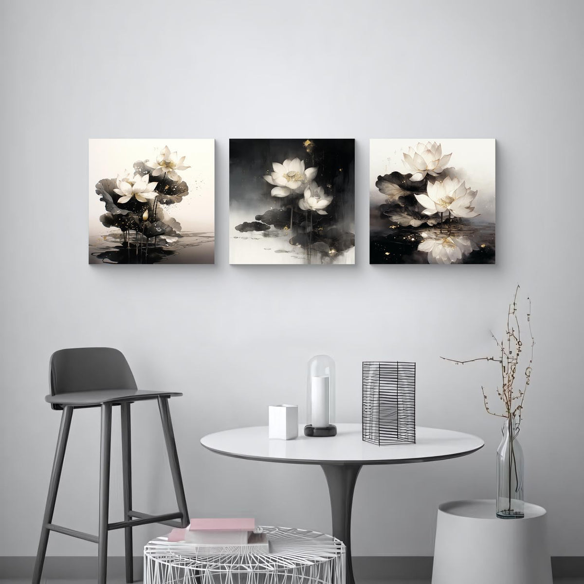 3Pcs White Lotus Flowers Canvas Wall Art Gold Leaf Ink Wash Zen Botanical Prints Modern Minimalist Floral Prints for Bedroom Bathroom Living Room Decor Nature Artwork Ready to Hang (White Lotus with Golden Accents-1 / 20x20inchx3)