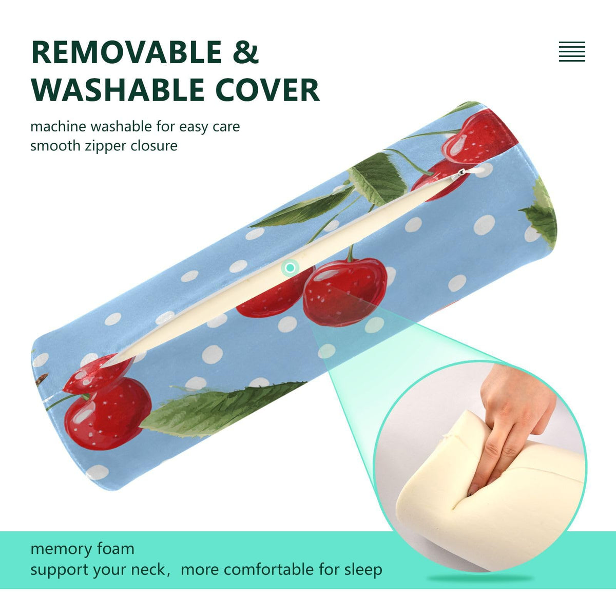Light Blue Dots Red Cherry Neck Roll Pillow Bolster Round Health Memory Foam Long Cervical Cylinder Pillows with Removable Washable Cover for Body Bed Legs Back Yoga (Light Blue Dots Red Cherry)