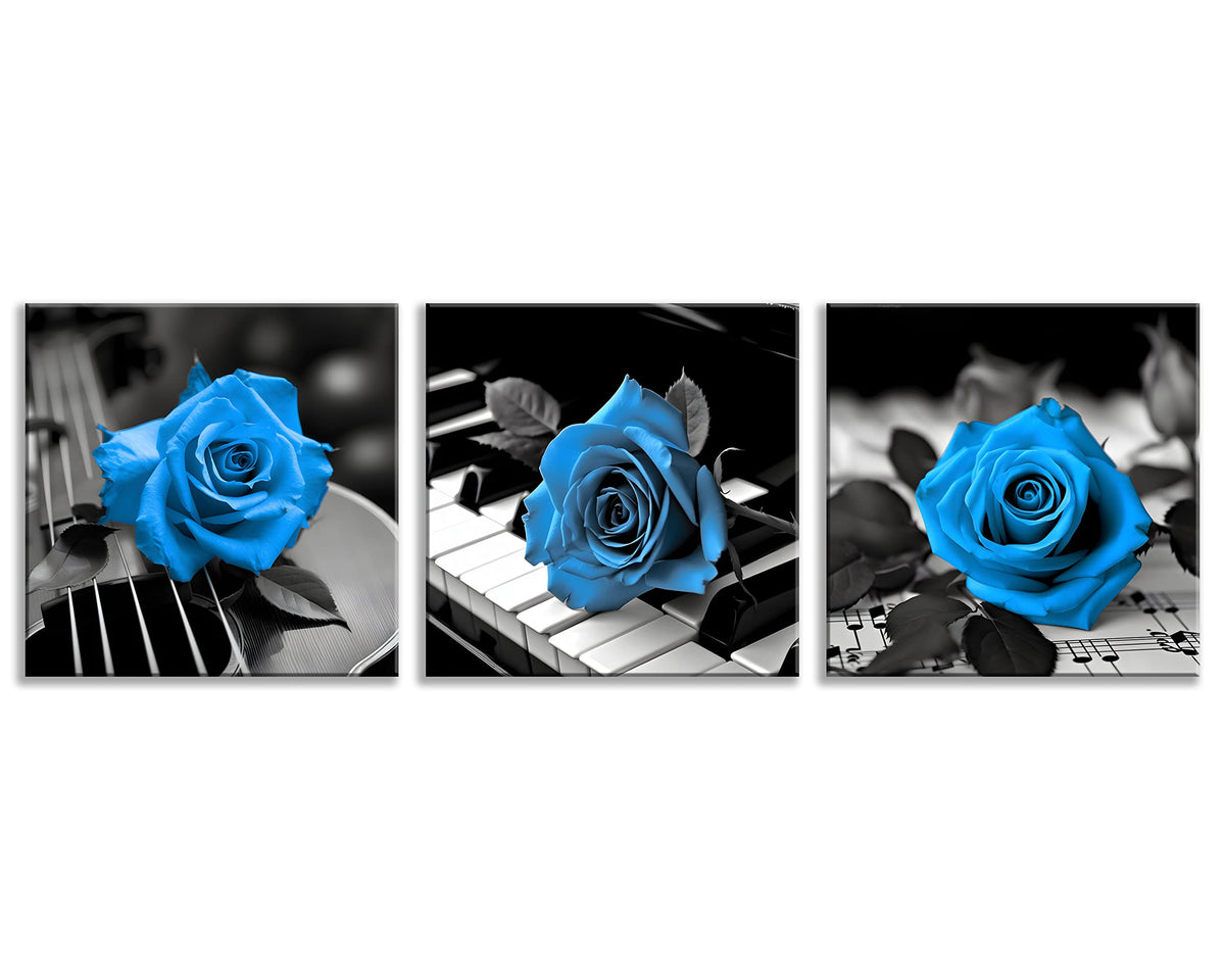 Blue Wall Decor for Living Room Blue Bathroom Accessories Black and White Canvas Wall Art Blue Rose Music Pictures Bedroom Decor Modern Painting Kitchen Home Decorations 16x16 3 Pcs (16 x 16 inches (3-Piece Set) / Blue Rose & Music)
