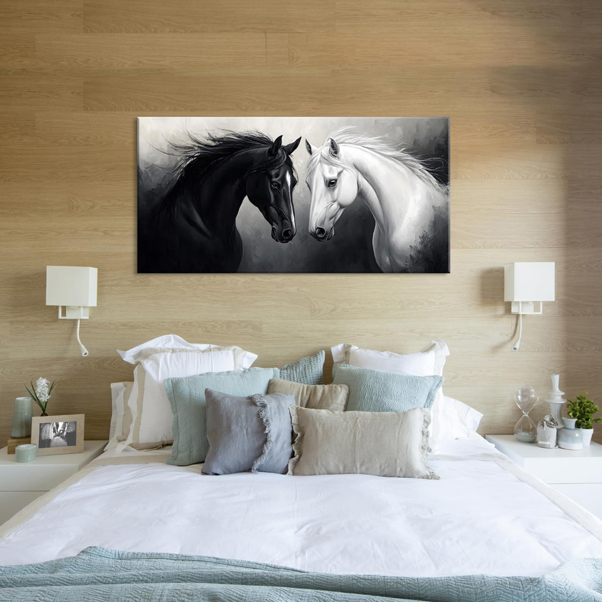 Multicolor Oil Painting Two Horses Wall Art for Living Room Office Classical Art Equine Portrait Painting Prints Vintage Canvas Artwork Dining Bedroom Decor Extra Large (Abstract / Black White Two Horses Wall Art / 58"L x 28"W)