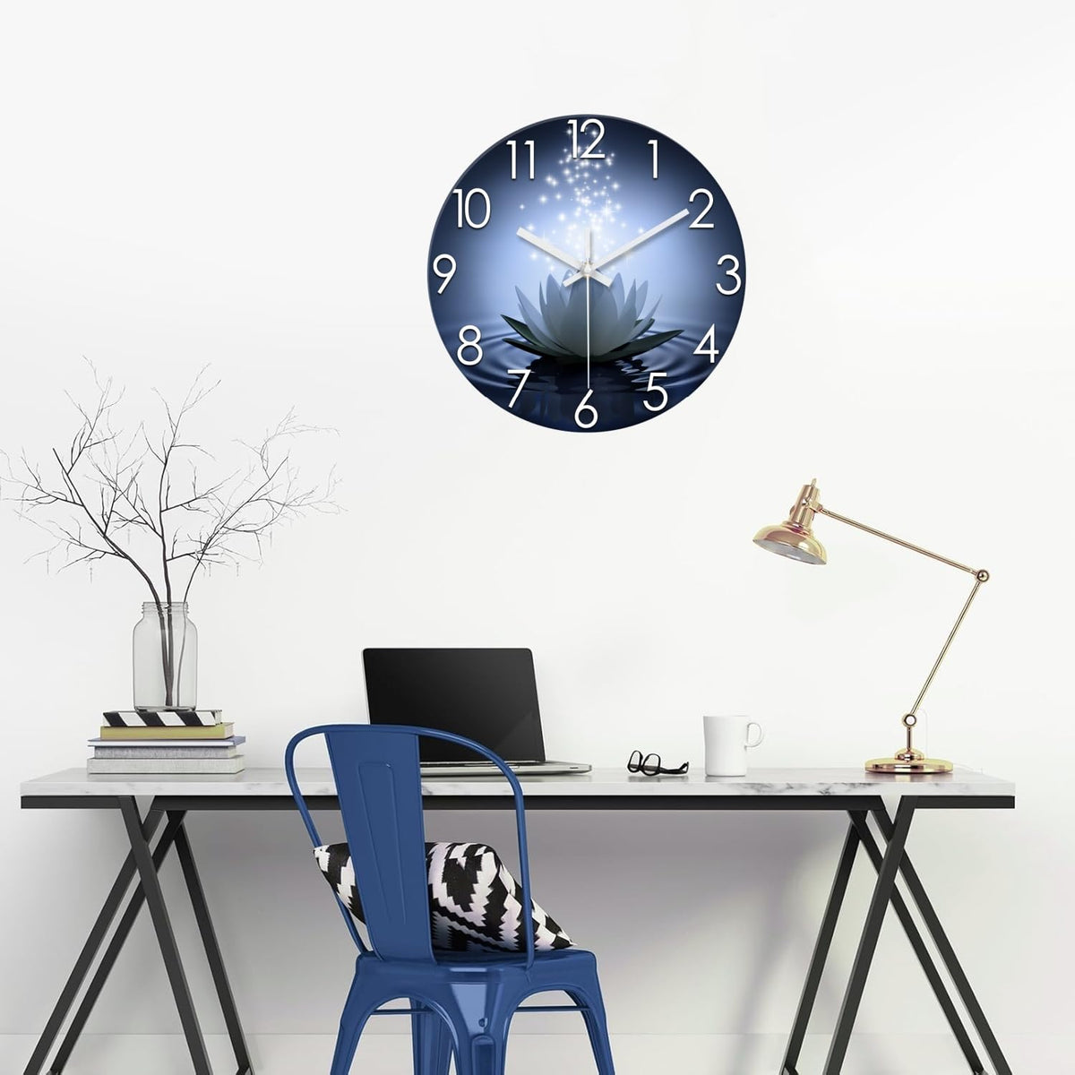 White Lotus Glass Wall Clock 20 Inch Blue Zen Flowers (White Lotus / 20 Inch)