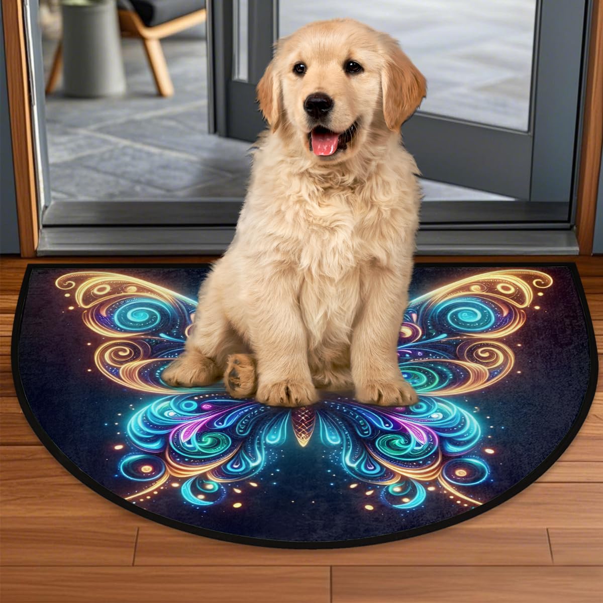 Half Round Doormat Glowing Animals Butterfly Semi Circle Rug Non Slip Indoor Outdoor Entrance Half Moon Rug Washable Front Floor Mat for Kitchen Bathroom Patio Fireplace Holiday Decor (B06:blue Butterfly)