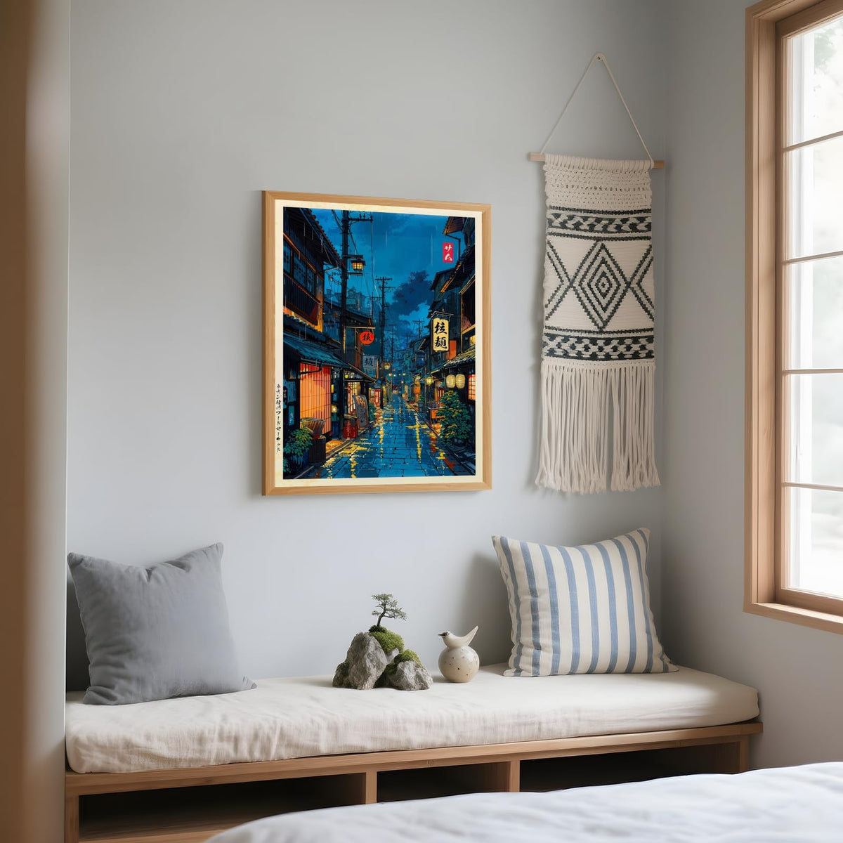 Japanese Tokyo Tea House Wall Art Poster Kyoto Night Street Art Canvas Print Retro Japan Illustration Wall Decor Vintage Urban Street Scene for Bedroom Living Room Aesthetic 12x16inch Wood Frame (12"L x 16"W / style-1 Wood Frame)