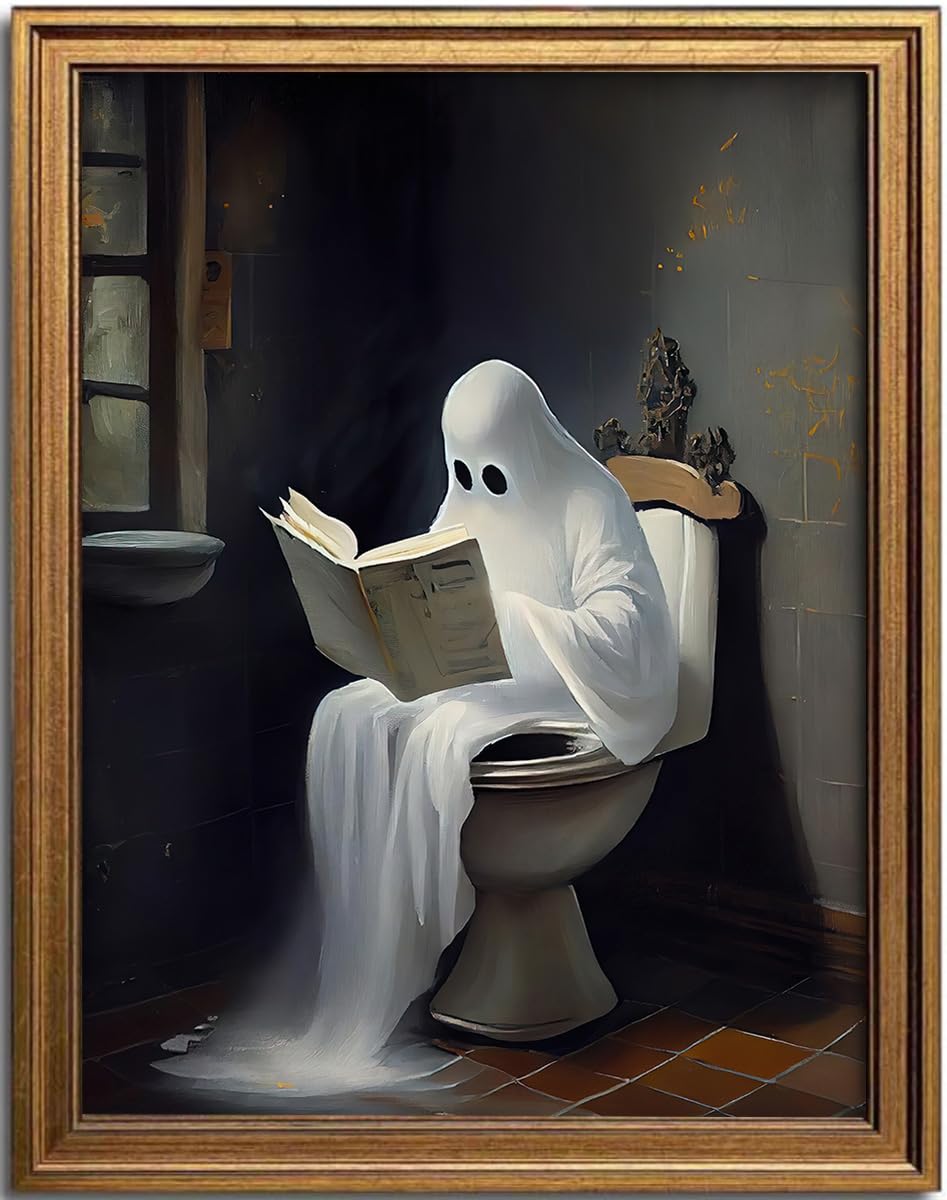 Vintage Halloween Ghost on Toilet Reading Book Gold Framed Wall Art 12x16In (Ghost / 16"L x 12"W)