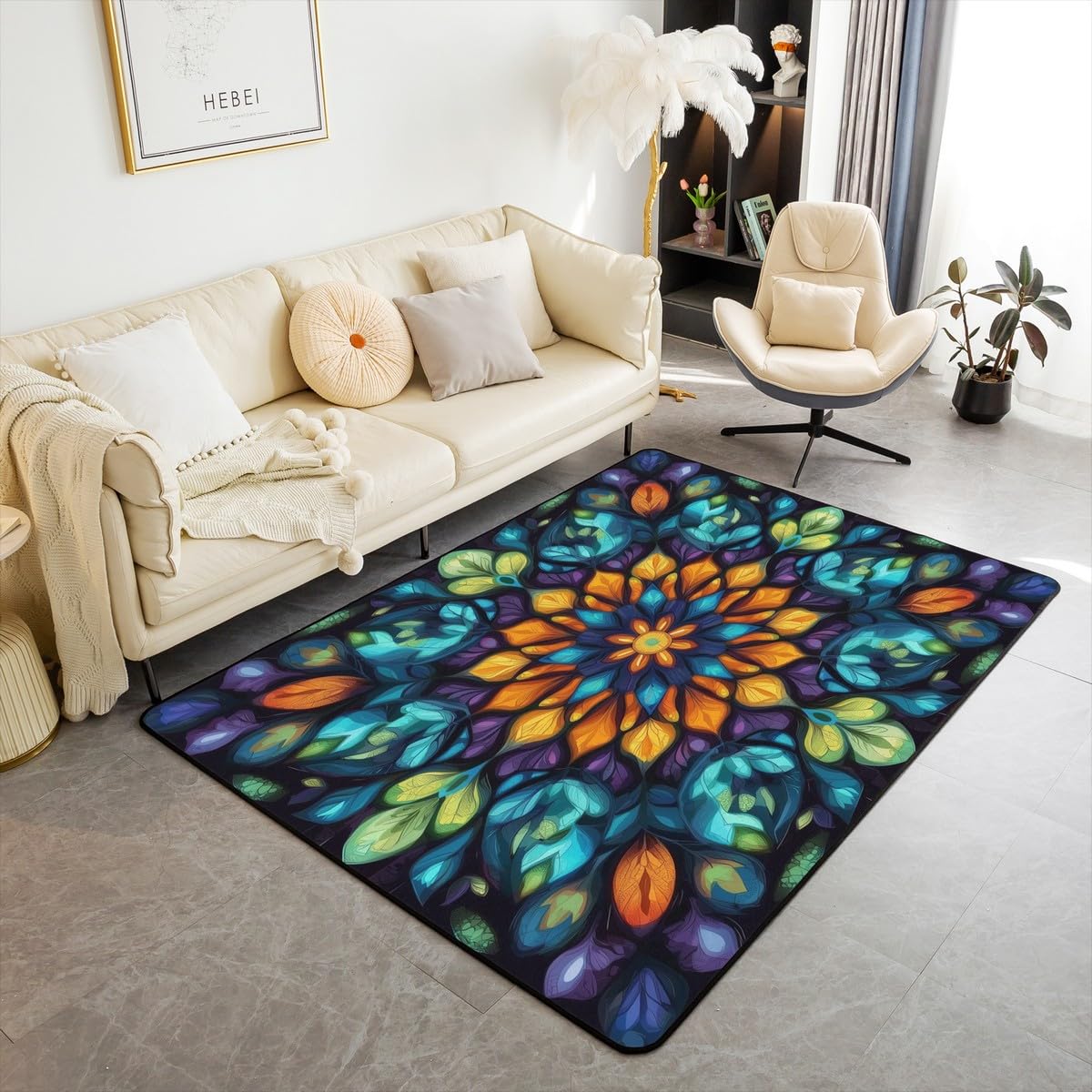 Vintage Mandala 3x5 Area Rug Bohemian Style Watercolor Flower Rugs for Living Room (Green Teal Orange / 3'3" x 4'11" (Rectangular))