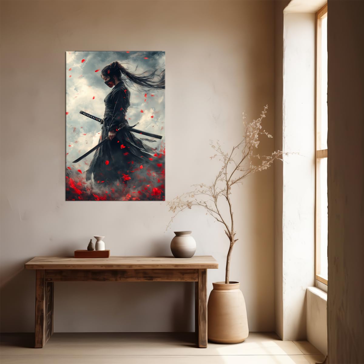Blue Tone Female Samurai Ninja Canvas Wall Art (18"L x 24"W / Samurai2)