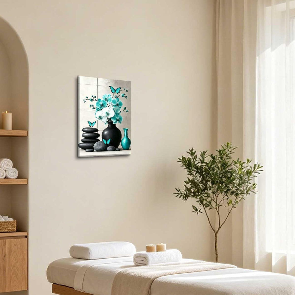 Orchid Flower Canvas Wall Art Zen Bathroom Pictures Prints Spa Stone Butterfly Wall Decor Black White Yoga Meditation Paintings for Living Room Bedroom (Teal / 42"L x 28"W)