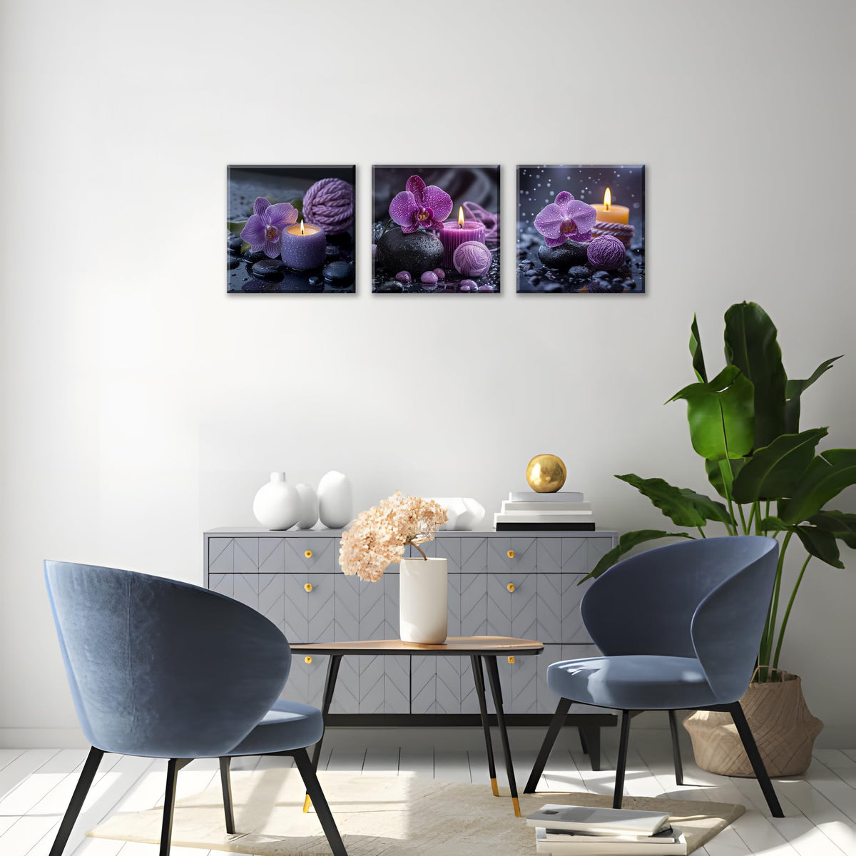3PCS Purple Orchid Candle Canvas Wall Art Zen Spa Decor Black Stones Water Droplets Relaxing Purple Aesthetic Tranquil Meditation Artwork for Bedrooms Living Rooms Bathrooms Wellness Spaces (14X14inchX3pcs / Purple Orchid Candle)