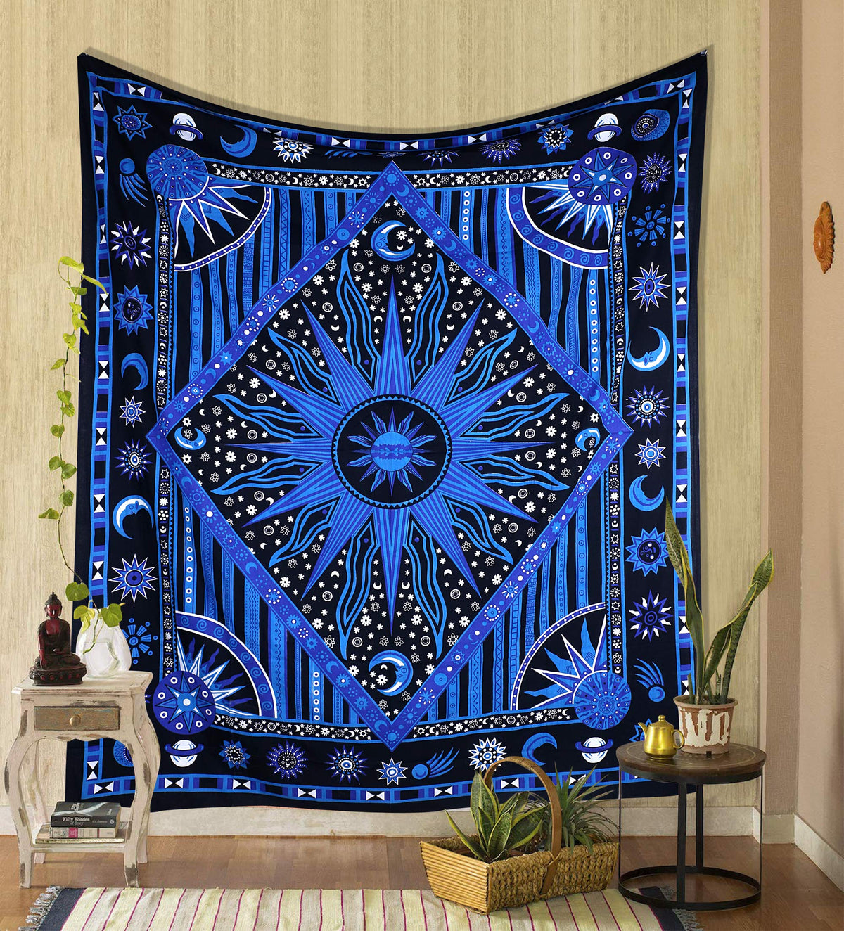 Blue Mandala Sun and Moon Tapestry (Multi-color / 83"L x 55"W)