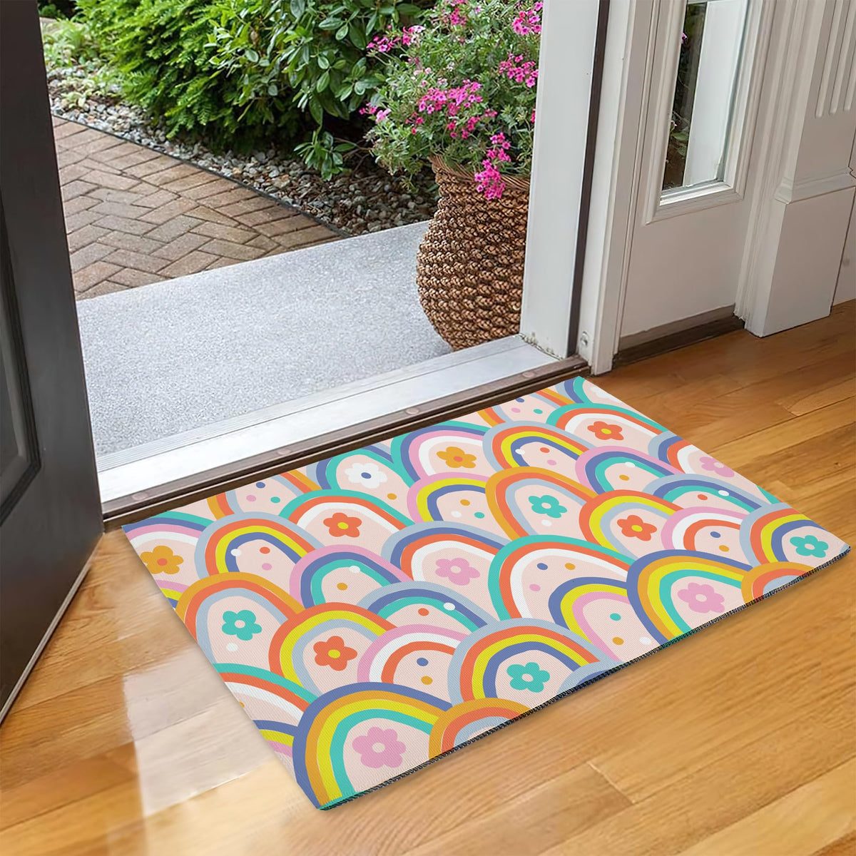 Boho Rainbow Groovy Flowers Door Mat (Boho Rainbow Groovy Flowers)
