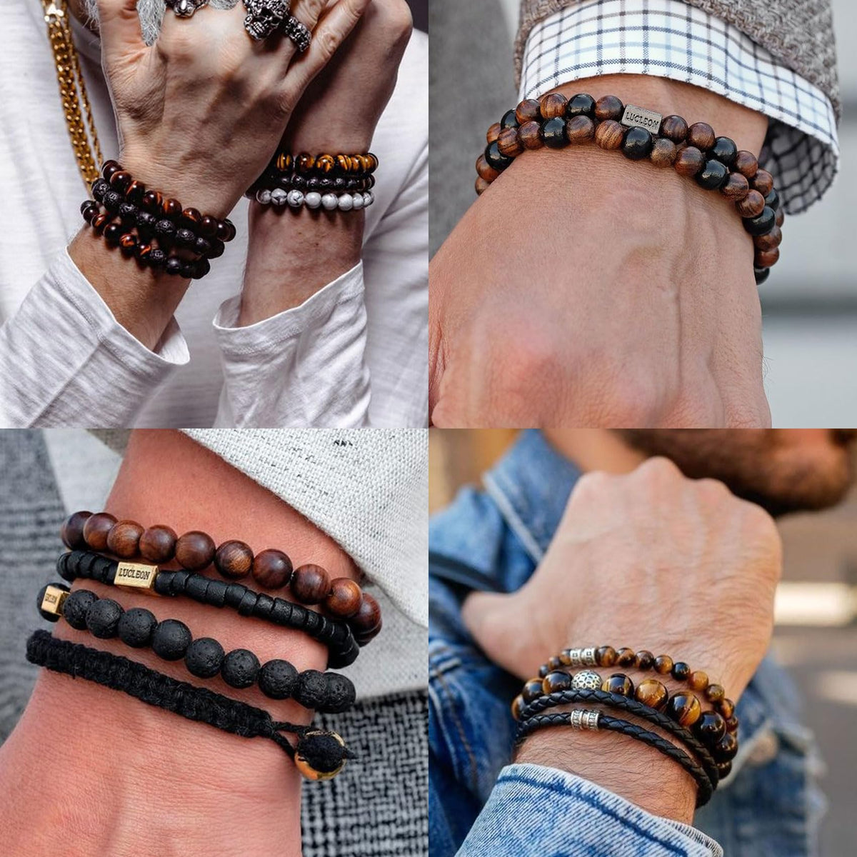 Tiger Eye Bracelet For Men 8MM Natural Stone Beads Bracelet Set Stretch Lava Rock Bracelets Adjustable Black Crystal Beaded Bracelet for Men Women Gifts (3,lava rock,tiger eye,blue)