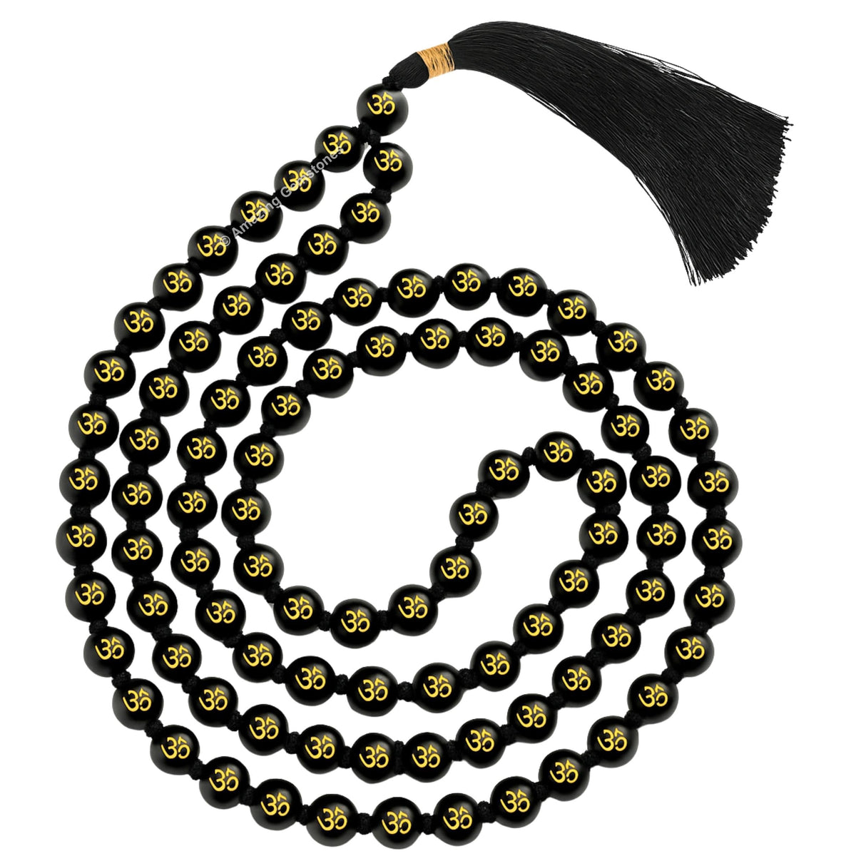 Black Agate Om Mala Beads (Om (Black Agate) / Knotted)