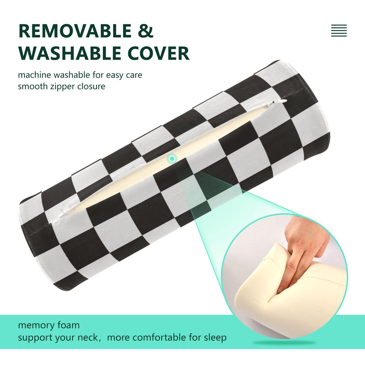 Checkered Black Neck Roll Pillow Bolster Round Health Memory Foam Long Cervical Cylinder Pillows with Removable Washable Cover for Body Bed Legs Back Yoga (Checkered Black)