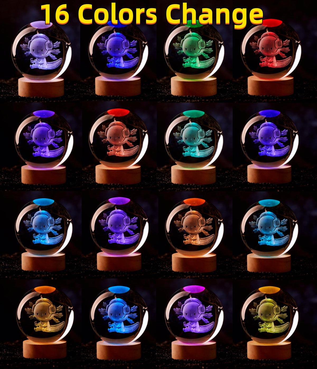 Large Axolotl Crystal Ball Night Light with Woodern Base (Axolotl)