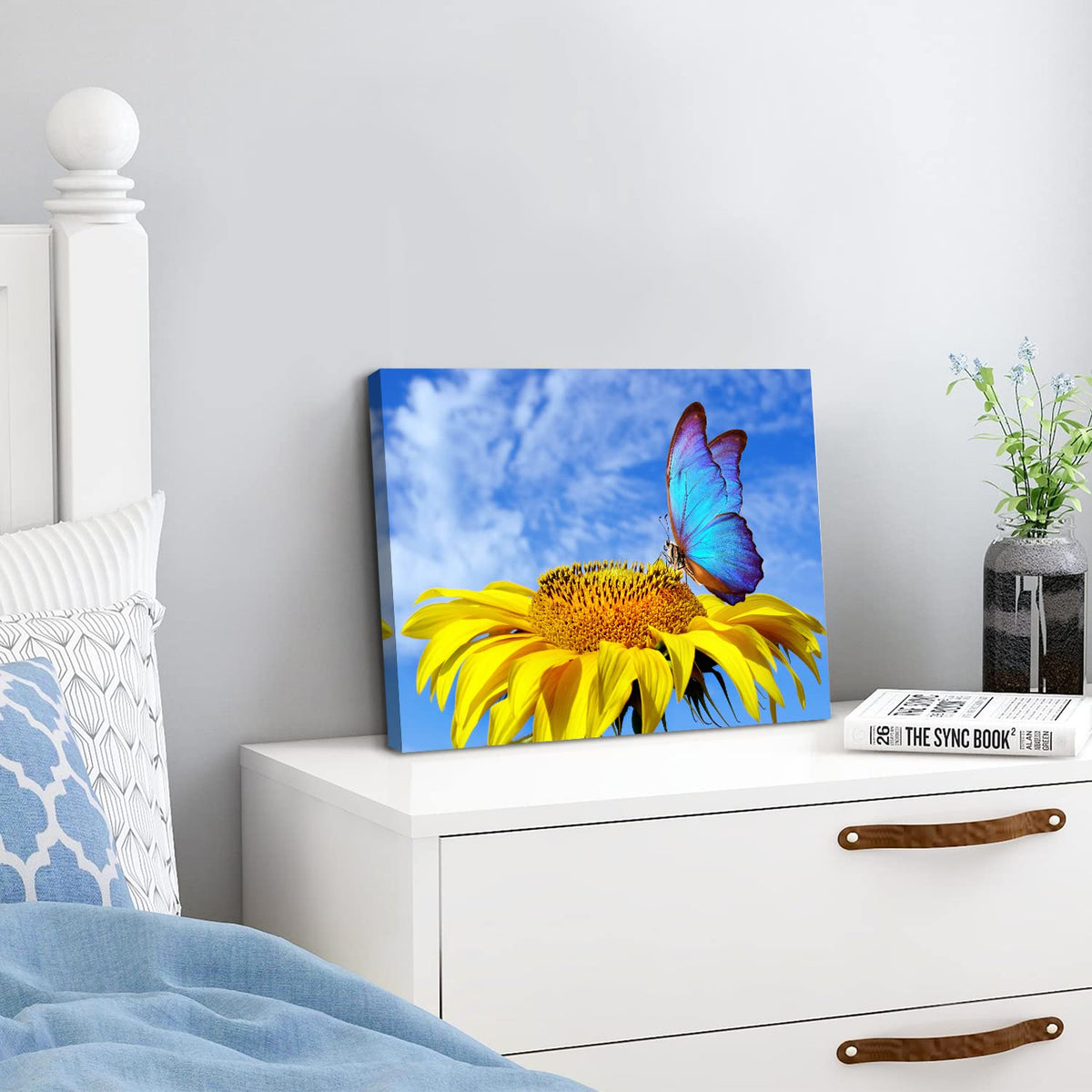 Sunflower Wall Art Bathroom Decor Butterfly Pictures Blue Sky Nature Landscape Canvas Prints Kitchen Sunflower Painting for Living Room Artwork Yellow Floral Posters Bedroom Home Decorations 12x16" (16"L x 12"W / Sunflower Butterfly)