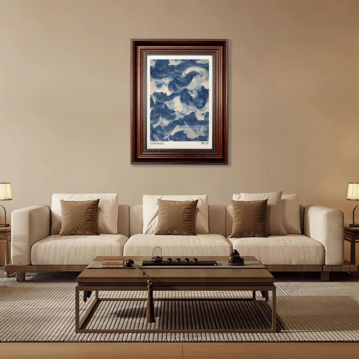Dark Brown Framed Japanese Blue Waves Canvas Wall Art 9x11 in (Blue Waves / 11"L x 9"W)