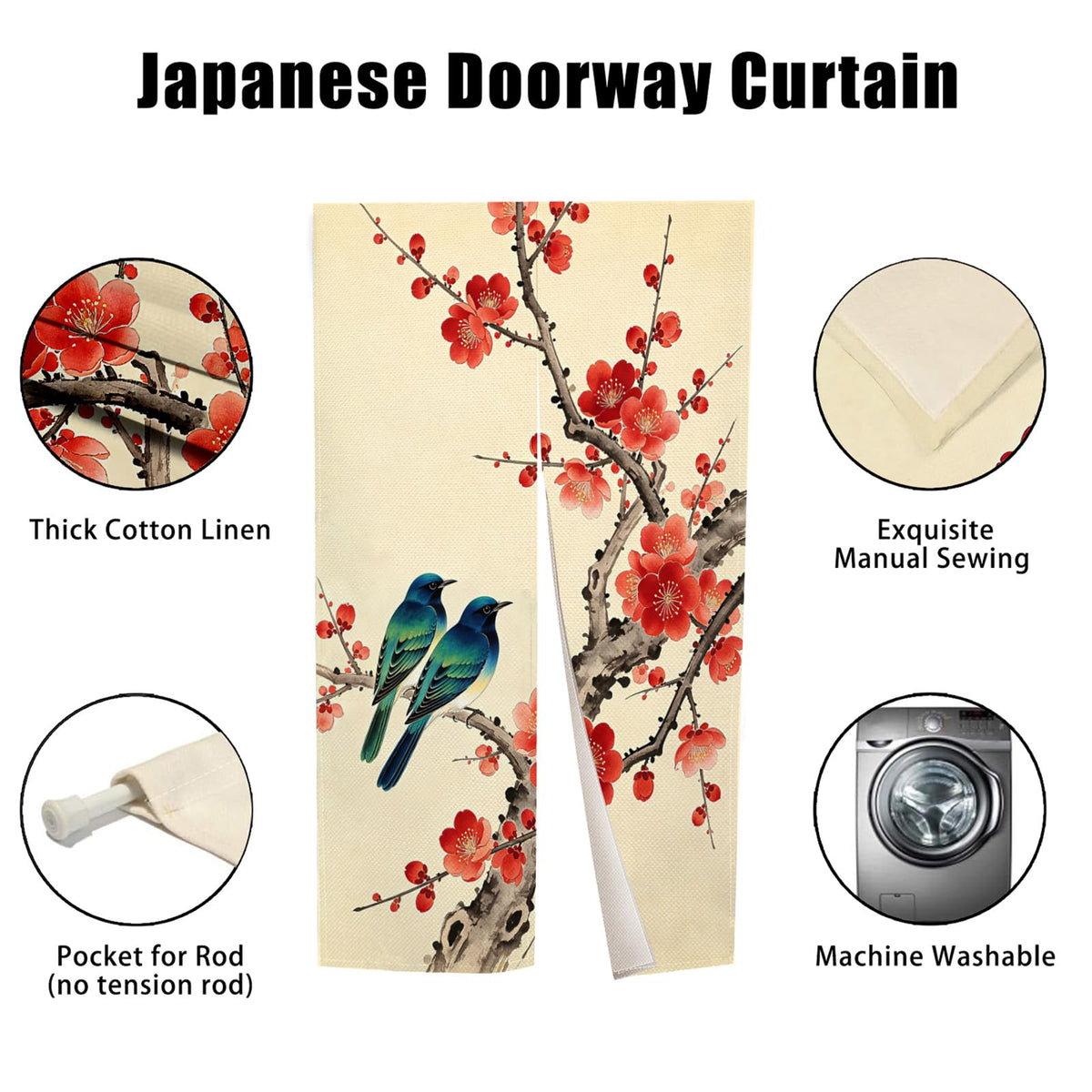 Japanese Noren Doorway Curtain New Chinese Bird Flower Tapestry 28.3x59inch (Beige Red / 28.3"W x 59"L (Pack of 1))