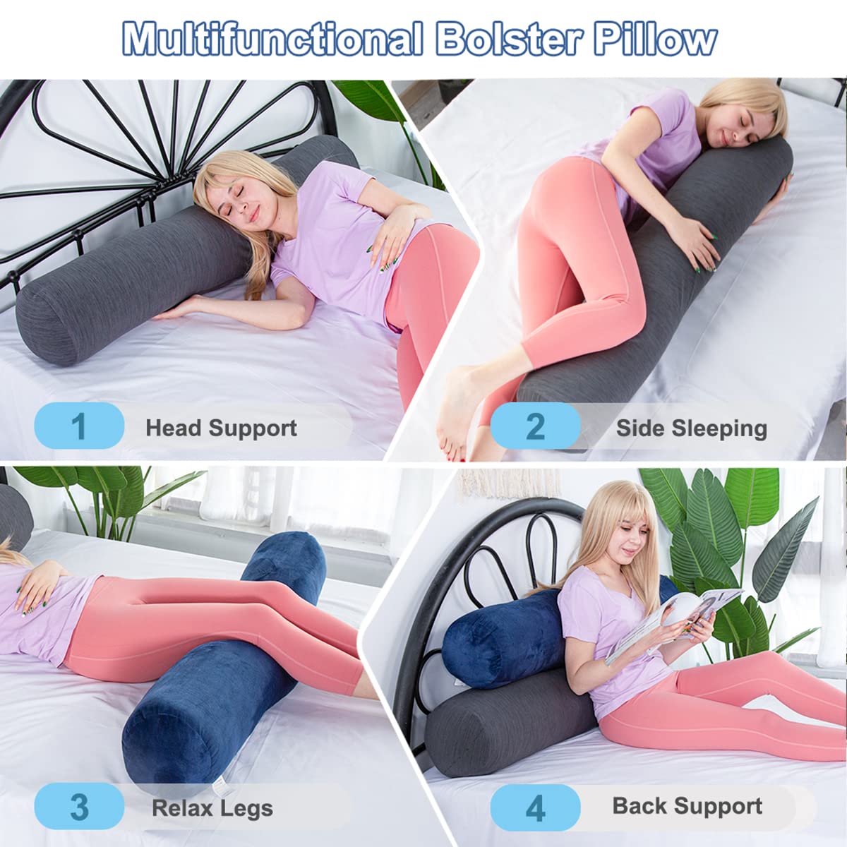 Body Pillow Bolster Pillow with Cooling Cover (Cooling Grey / 47 inch)