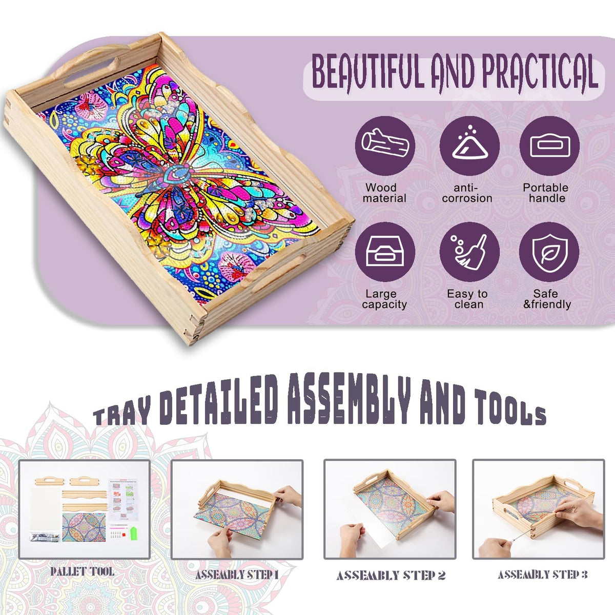 Diamond Art Kits for Adults Wooden Serving Trays with Handles (E Butterfly AA)
