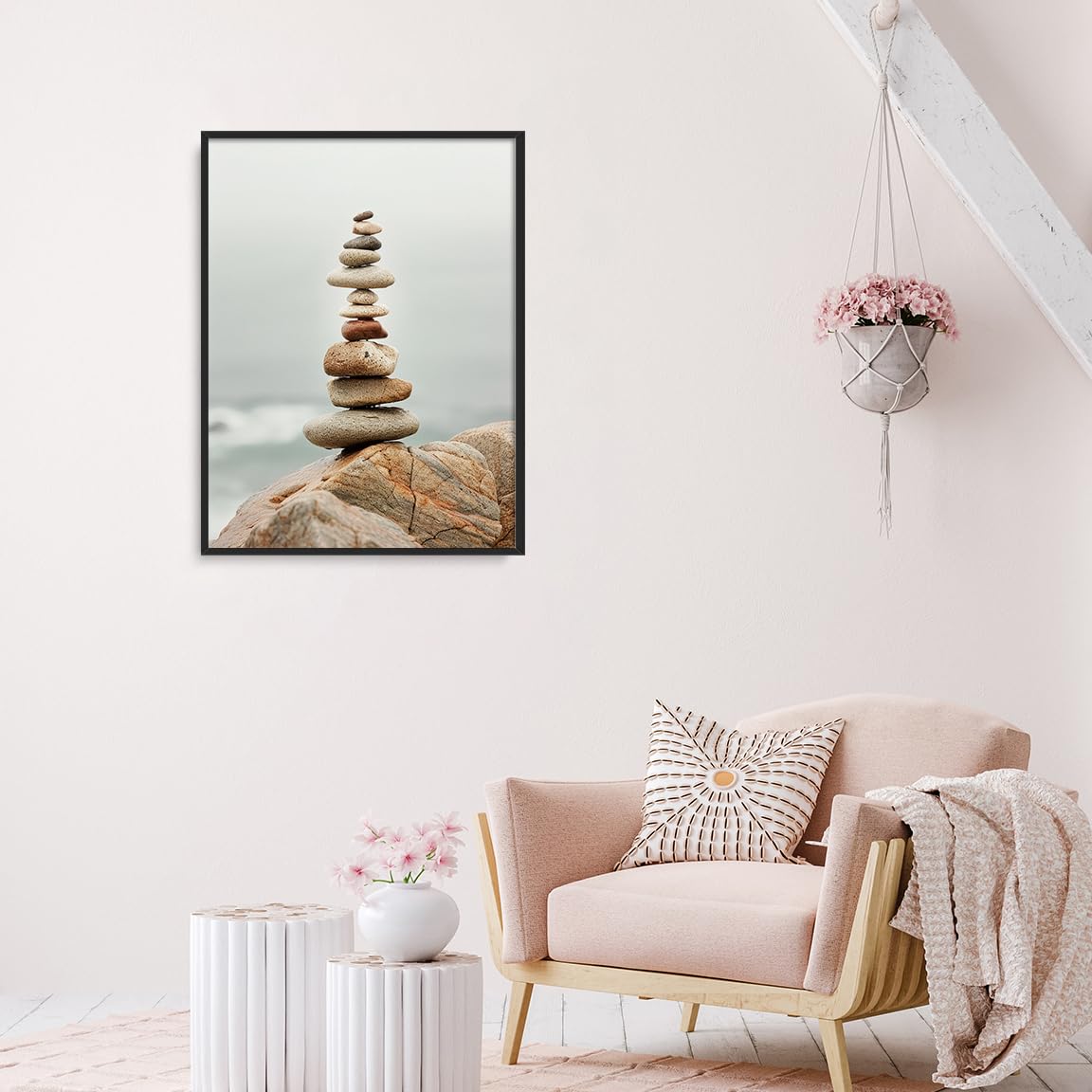 Tall Zen Rock Stack Wall Art (Black Aluminum Frame-7 / 11"L x 14"W)