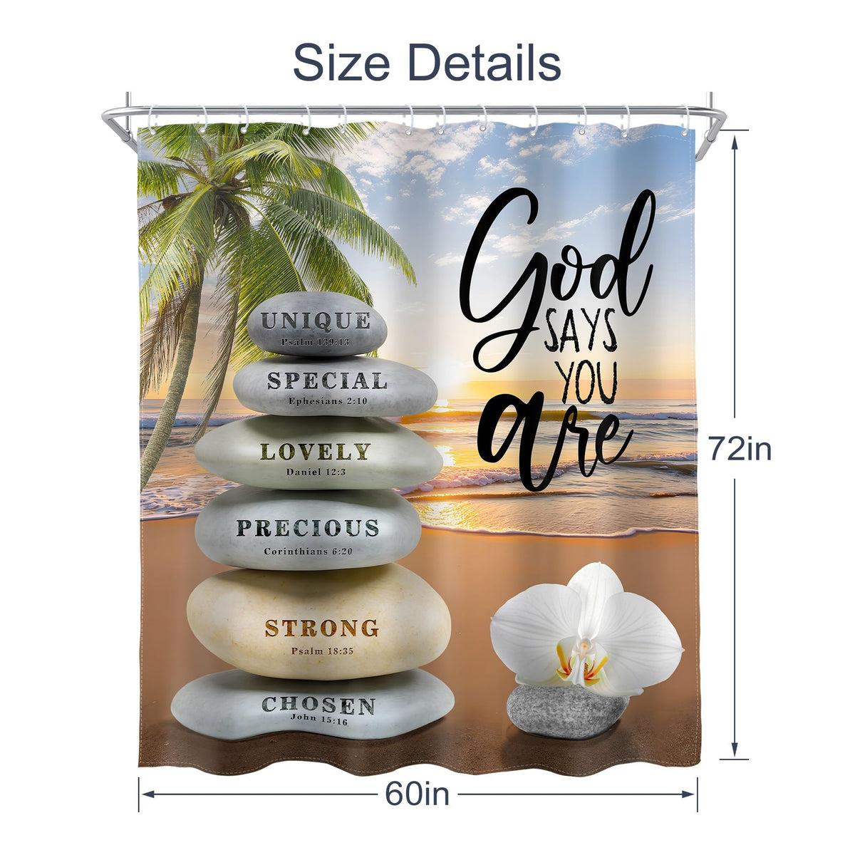 Beach Zen Stone Bible Shower Curtain Verse Ocean Sea Tropical 60Wx72L Inch (D-orange / 60"W x 72"L (Pack of 1))
