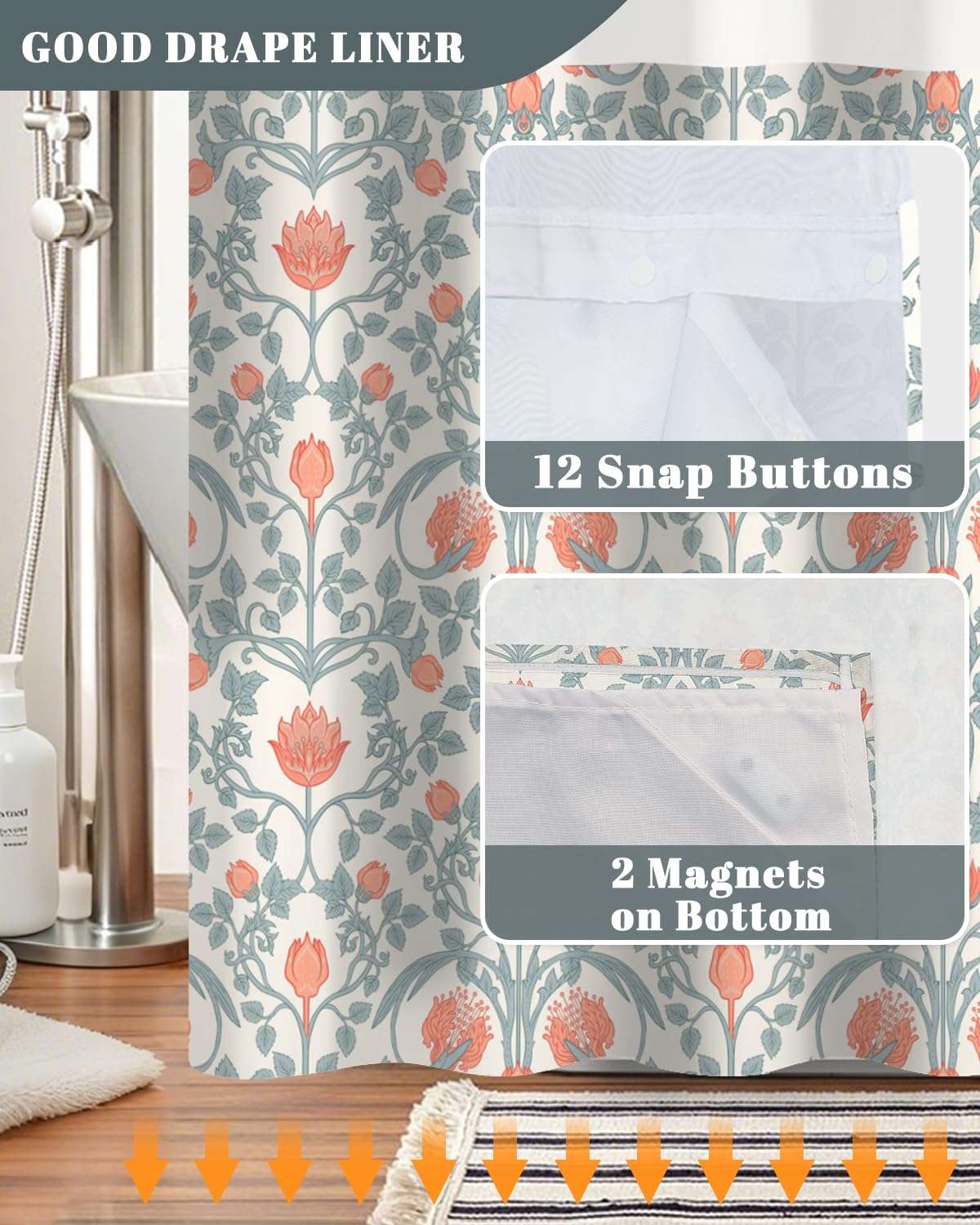 Floral Shower Curtain with Snap in Removable Liner (Retro Floral)