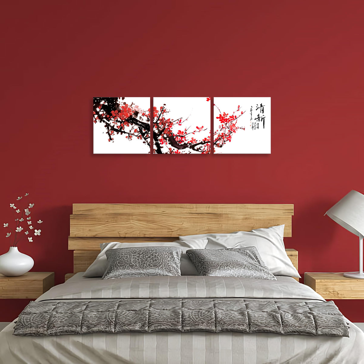 Small Size Traditional Chinese Painting of Red Plum Blossom Canvas Prints 3 Pcs Calligraphy Art Paintings Wall Art Poem Print Painting Framed 14x14inches 3pcs (Pum / 14x14 inches (3 pieces))