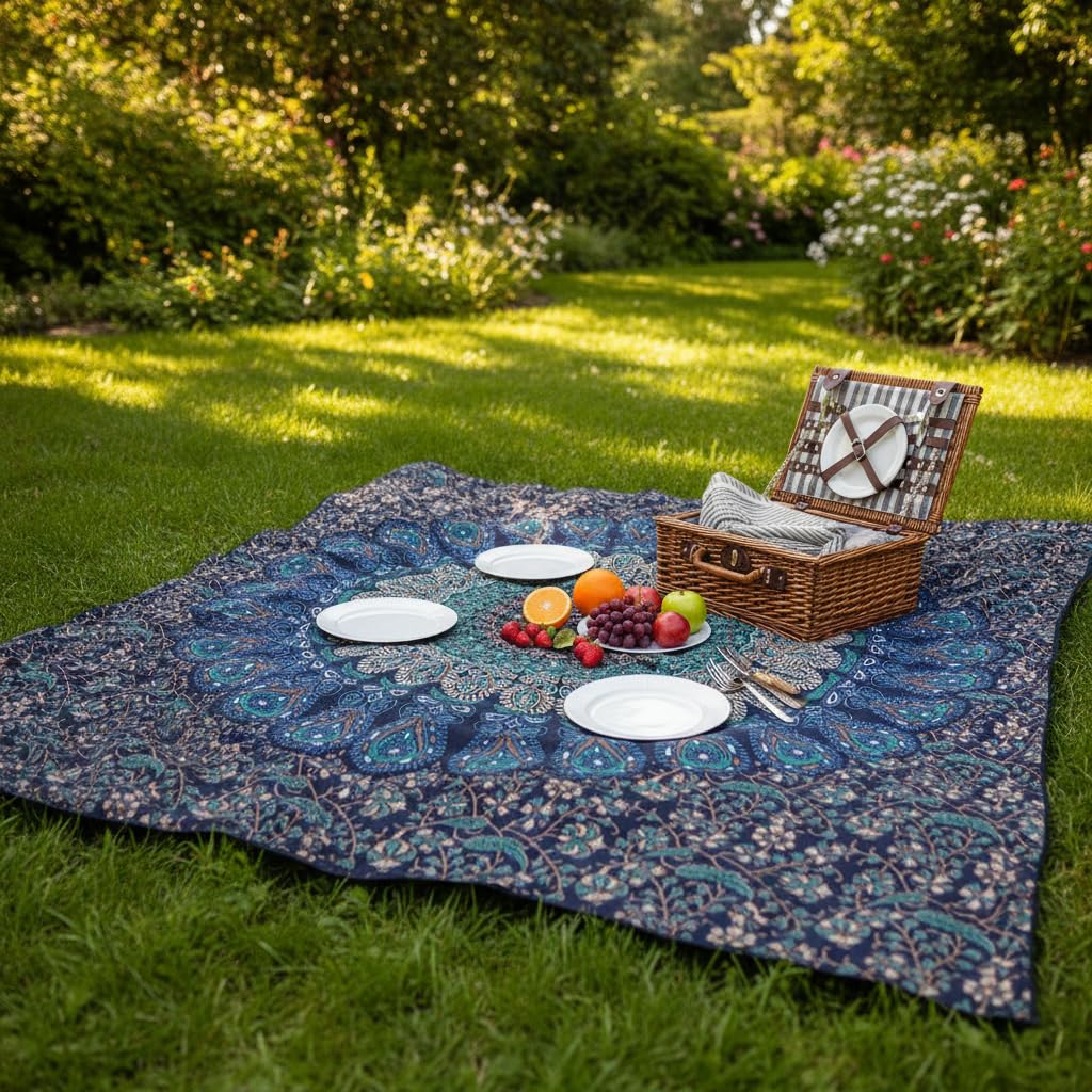 Handmade Cotton Peacock Mandala Tapestry (60"L x 50"W / Navy Blue)