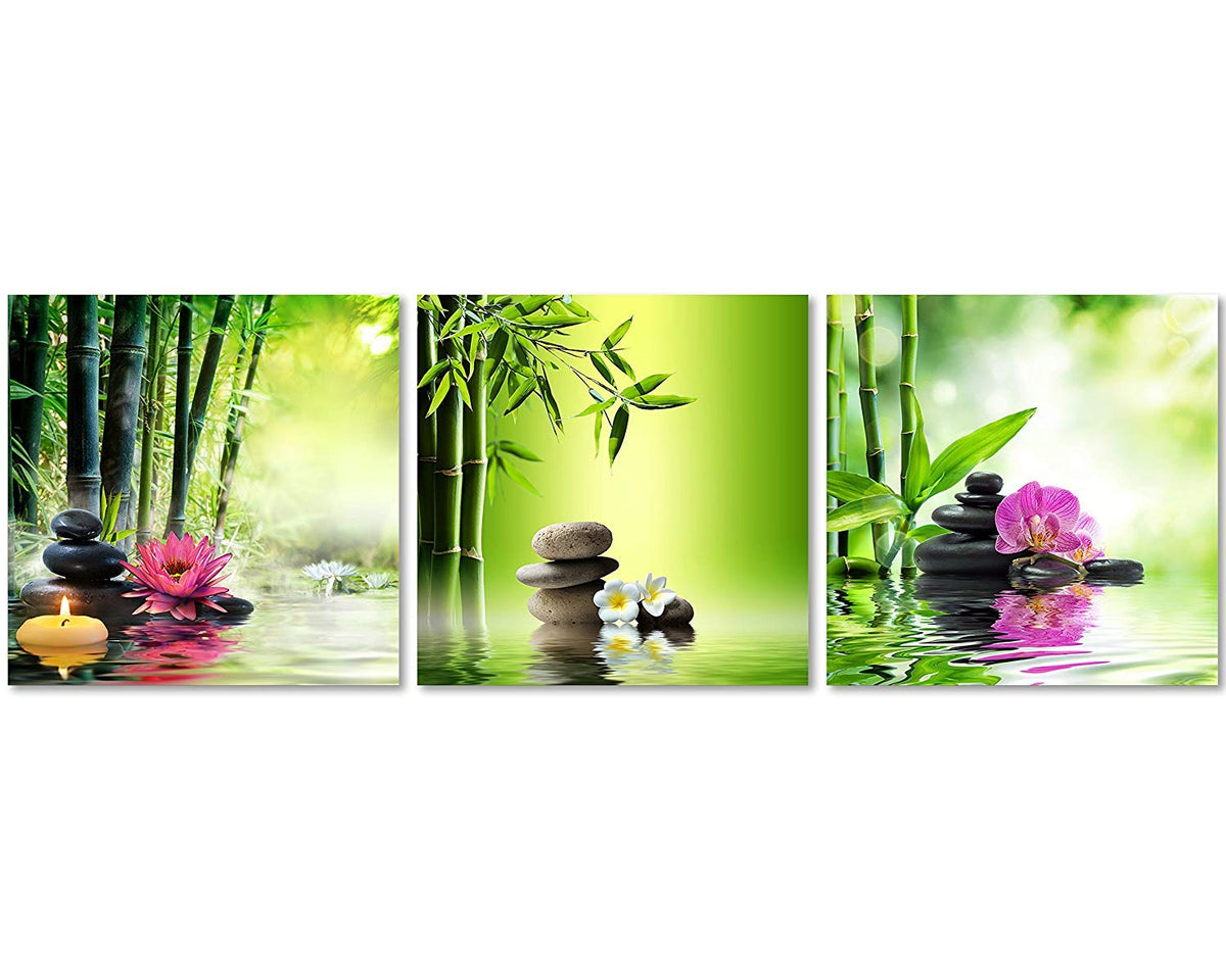 3 Panels Zen Art Spa Decor Green Bamboo Decor Pink Waterlily and Frangipani Pictures Spa Pictures Zen Canvas Painting Prints Art Bamboo & Flowers Pictures for Home Decoration (12x12inchx3 / Colorful Flower Spa Stone)