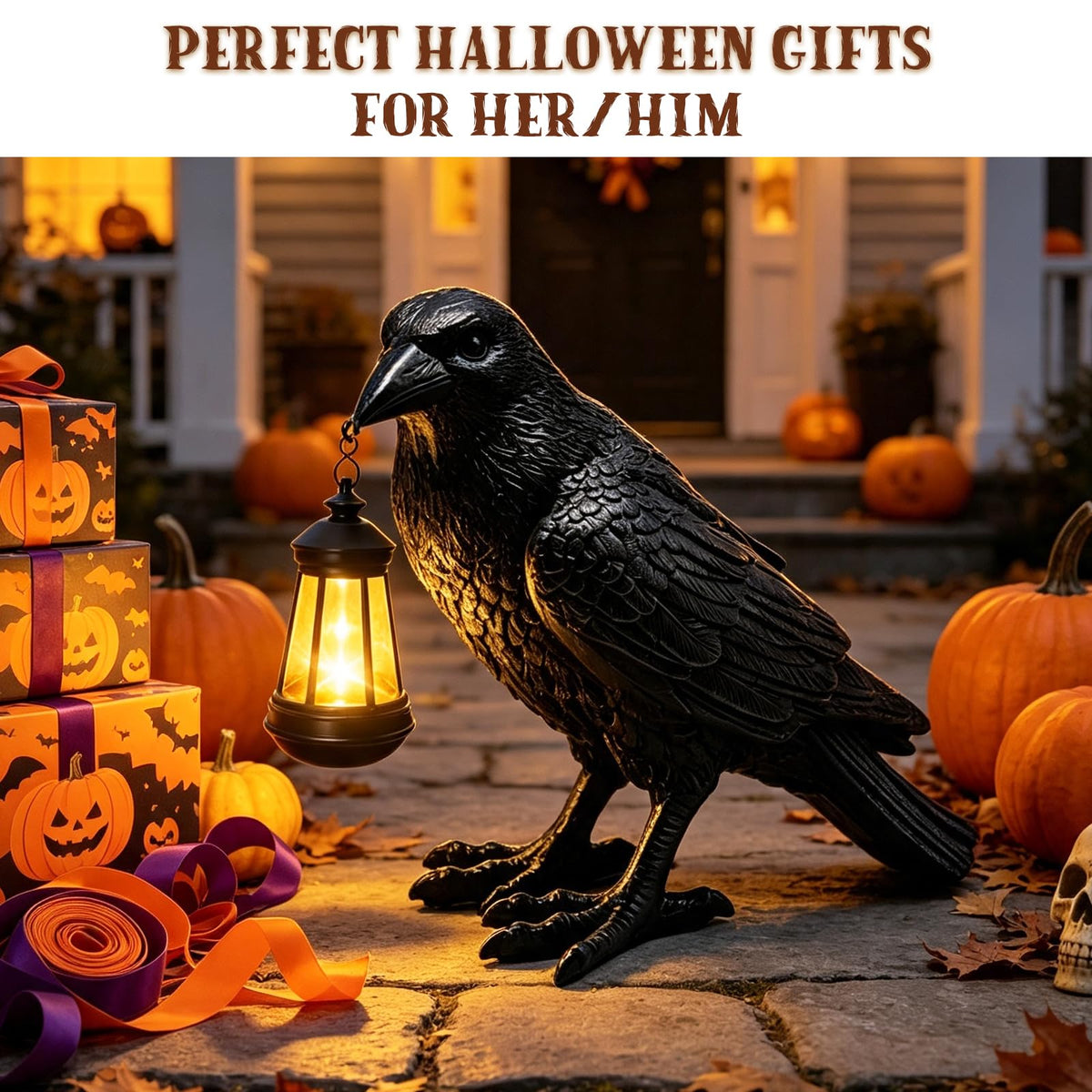 Halloween Crow Solar Garden Statue Outdoor Figurine Halloween Decoration (Black - Crow With Lantern)