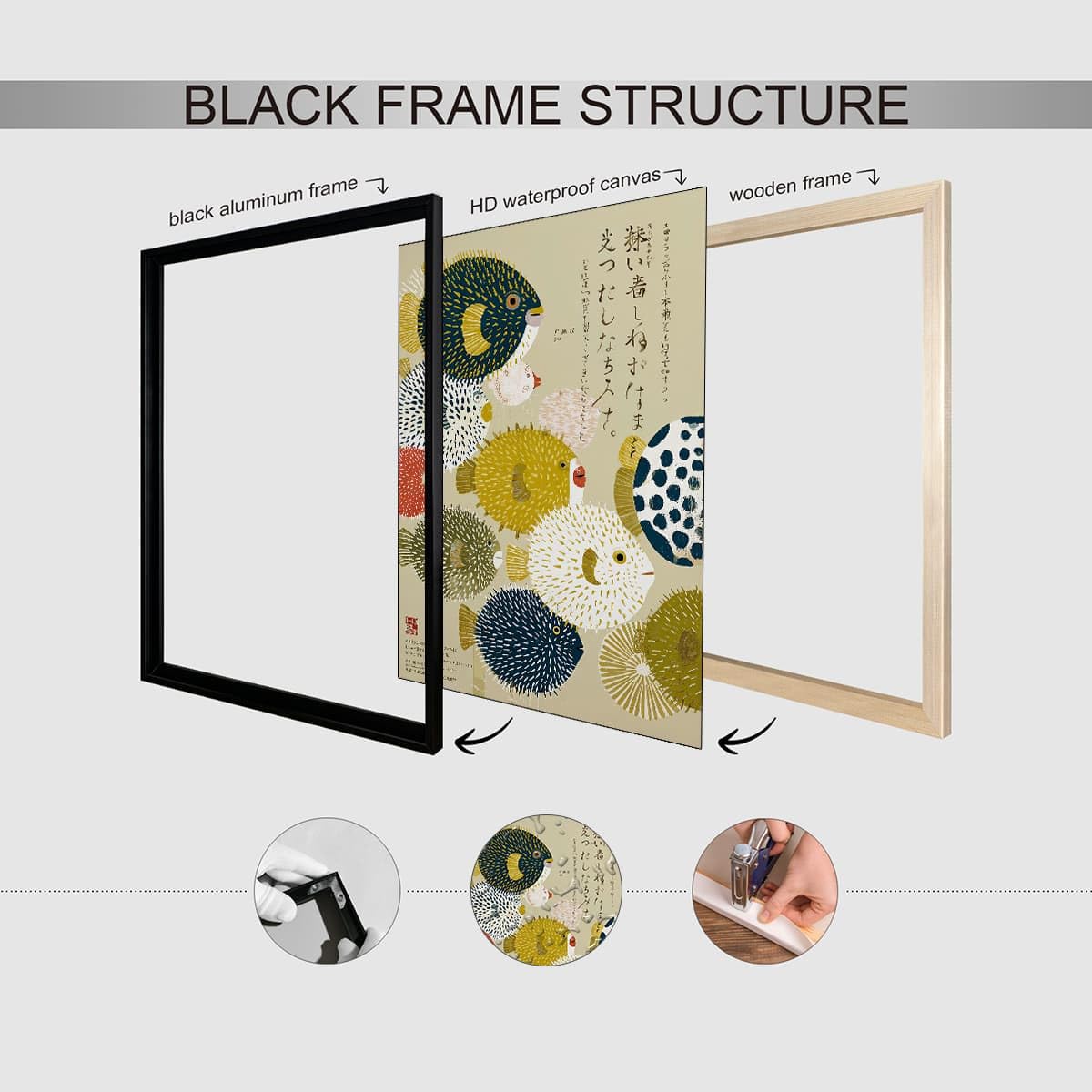 Black Framed Japanese Canvas Wall Art Vintage Puffer Fish Prints Posters 20x30in Colorful Fish Pictures Mid Century Modern Artwork Decor for Minimal Coastal Home Bathroom Bedroom Living Room (Black Framed / Japanese Art 003 / 30"L x 20"W)