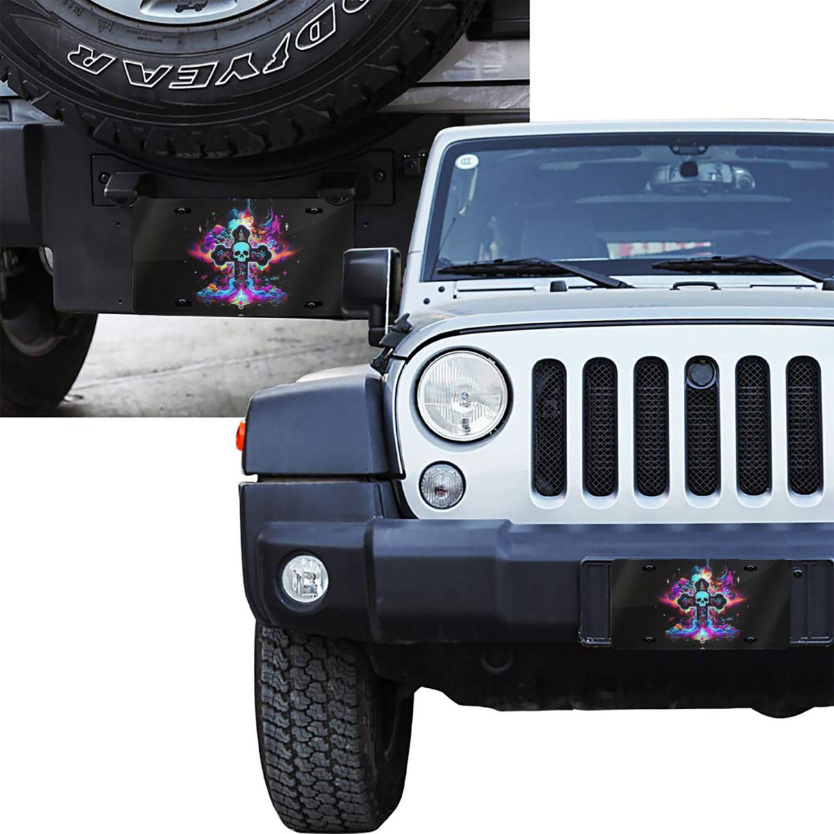Colorful Cross Clouds Psychedelic Gothic Skull Front License Plate Aluminum Decorative License Plates Metal Car Plate 6"X12" Novelty Vanity Tag Cover with 4 Holes Car Decor Accessory (Yellow / 6 X 12 Inch)