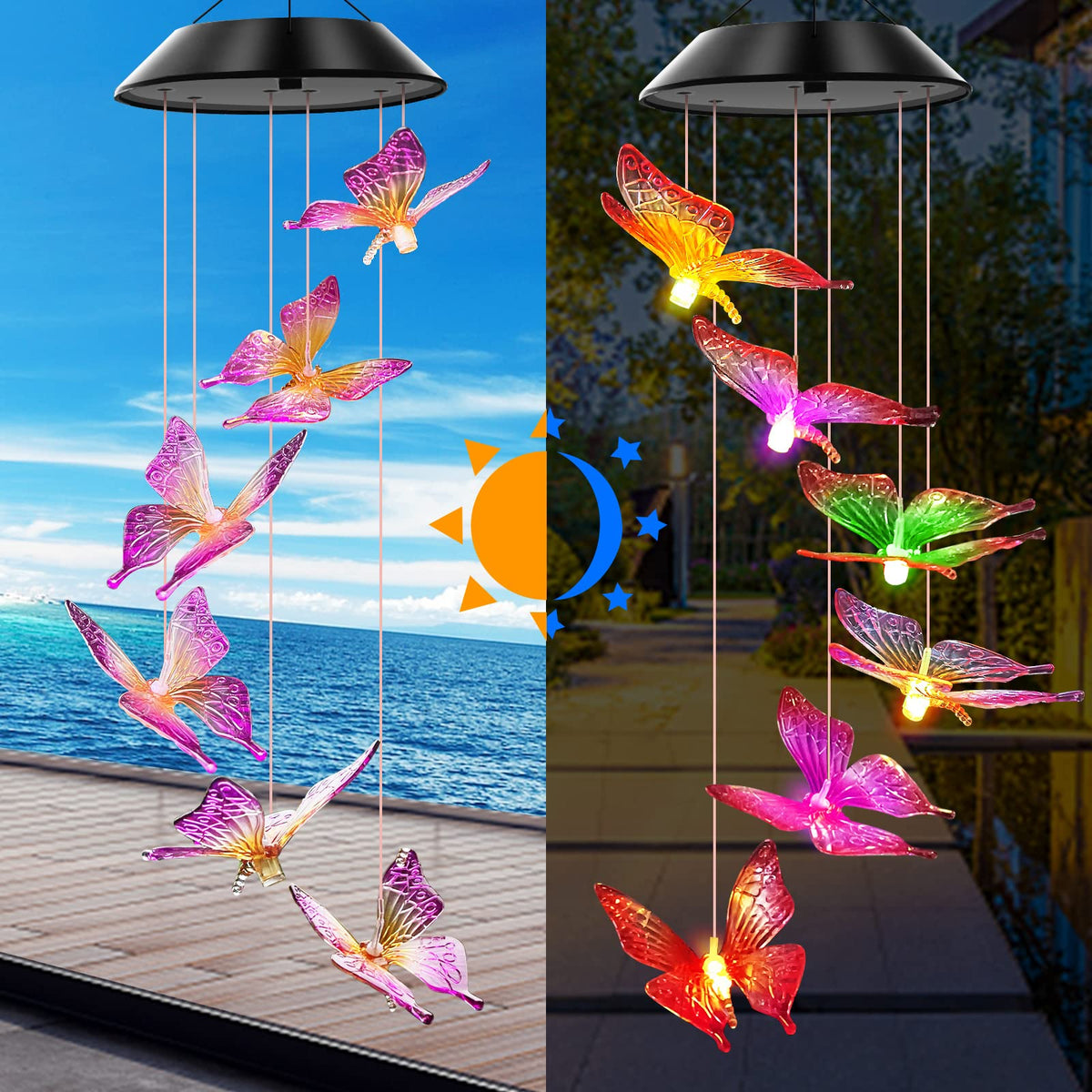 Purple Butterfly Solar Wind Chimes Color Changing Lights Outdoor
