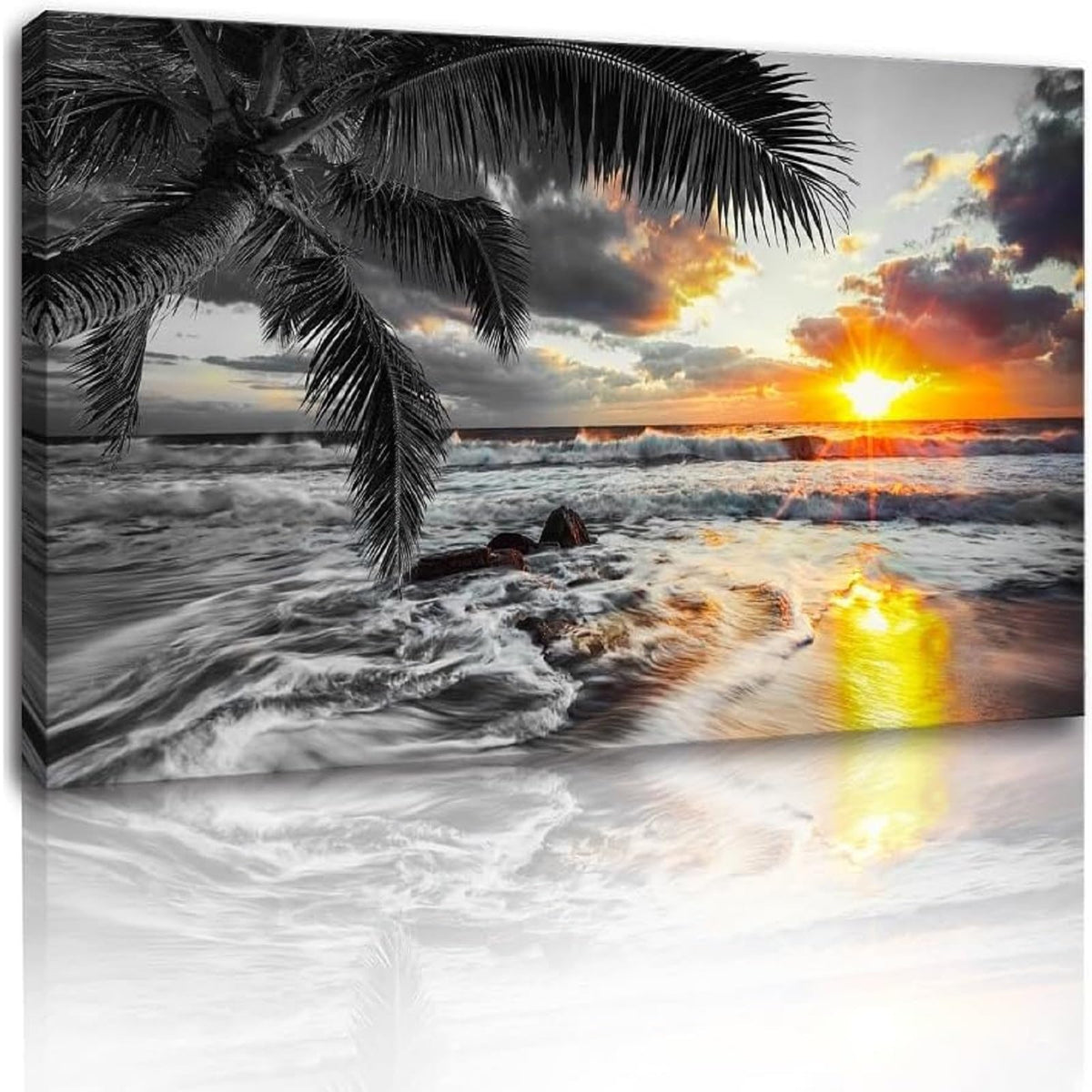 Large Canvas Black White Gold Ocean Wall Art Sunset Beach Pictures Coastal Painting Sunrise Seascape Scenery Print Palm Poster Sea Artwork for Bedroom Wall Art Living Room Office Décor (black white Sunrise beach / 60"L x 30"W)