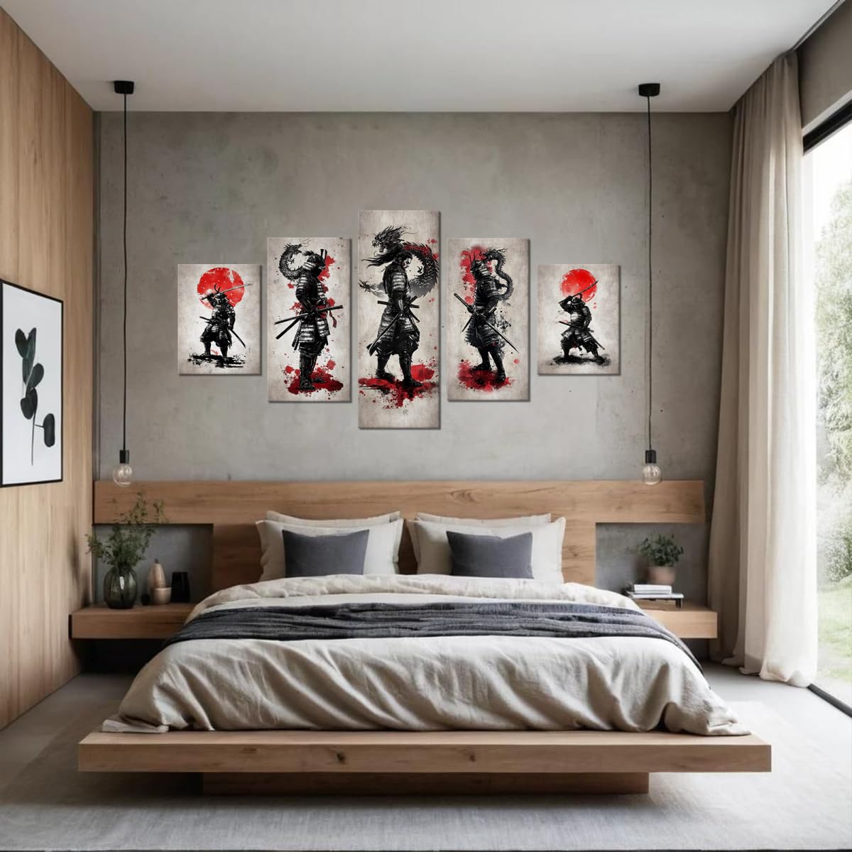 Japan Samurai Canvas Wall Art Japanese Style Full Moon Ninja Dragon Wall Decor Bushido Pictures Asian Posters Warrior Prints Paintings for Living Room Bedroom Home Decoration Framed 5 Piece (60"Wx32"H / Samurai 5P-4)