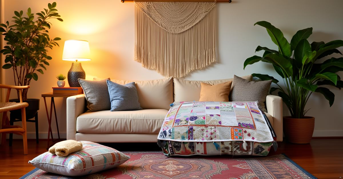 Indian Square Patchwork Traditional Pouf Cover Indian Living Room Poufs Decorative Embroidered Designer Ottoman Home Living Footstool Chair Cover Decor Pillow Cover 35 inches (35"D x 35"W x 5"H / Off White)