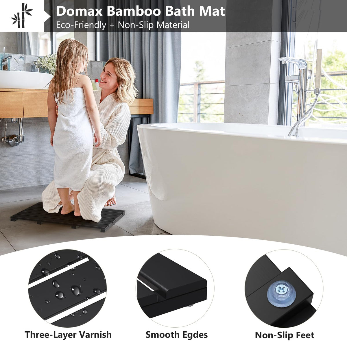 Wooden Bamboo Bath Shower Mat (Black / 21.3" x 14.2" (Rectangular))