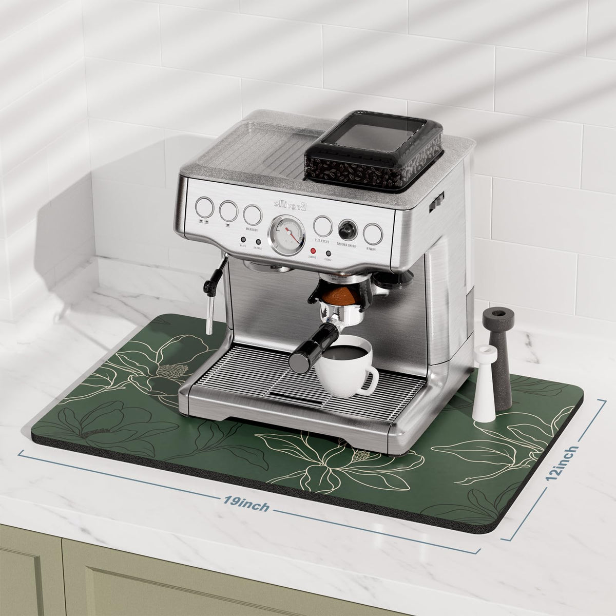 Coffee Mat 12" x 19" Coffee Bar Mats for Espresso Machine Station Accessories and Organizer (Line Art Magnolia / 12" x 19")