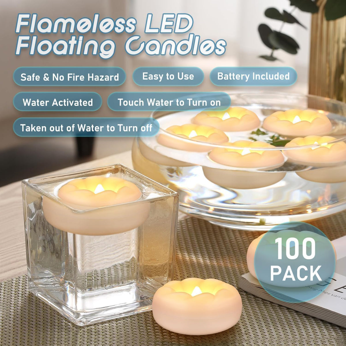 100-Pack 2-Inch+ Spiral-Pattern Water-Activated Flameless Floating LED Candles - Battery-Powered and Perfect for Wedding Vases, Bathtubs, Pools, and Large Events (100-FlamelessFloating Candles)