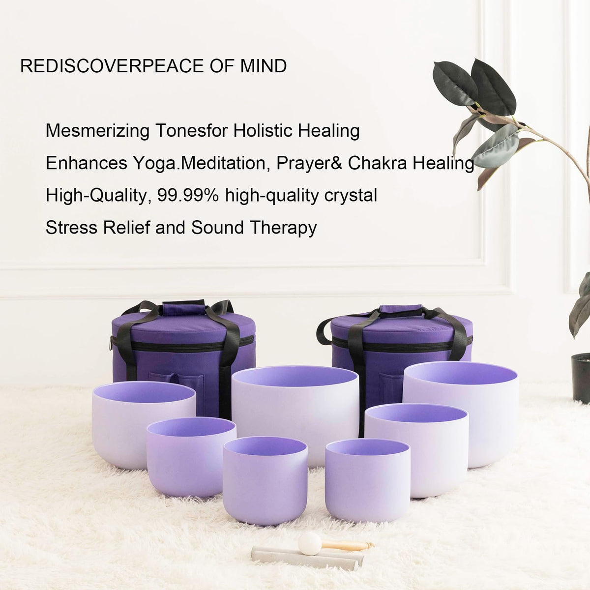 432hz Purple Crystal Singing Bowls Set of 7Pcs for Sound Healing (7-12inch 432hz Purple 7pcs)